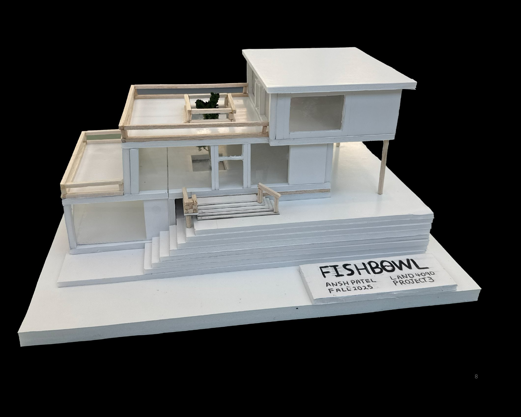 Fishbowl architectural design model render — physical study model on black background showing facade composition