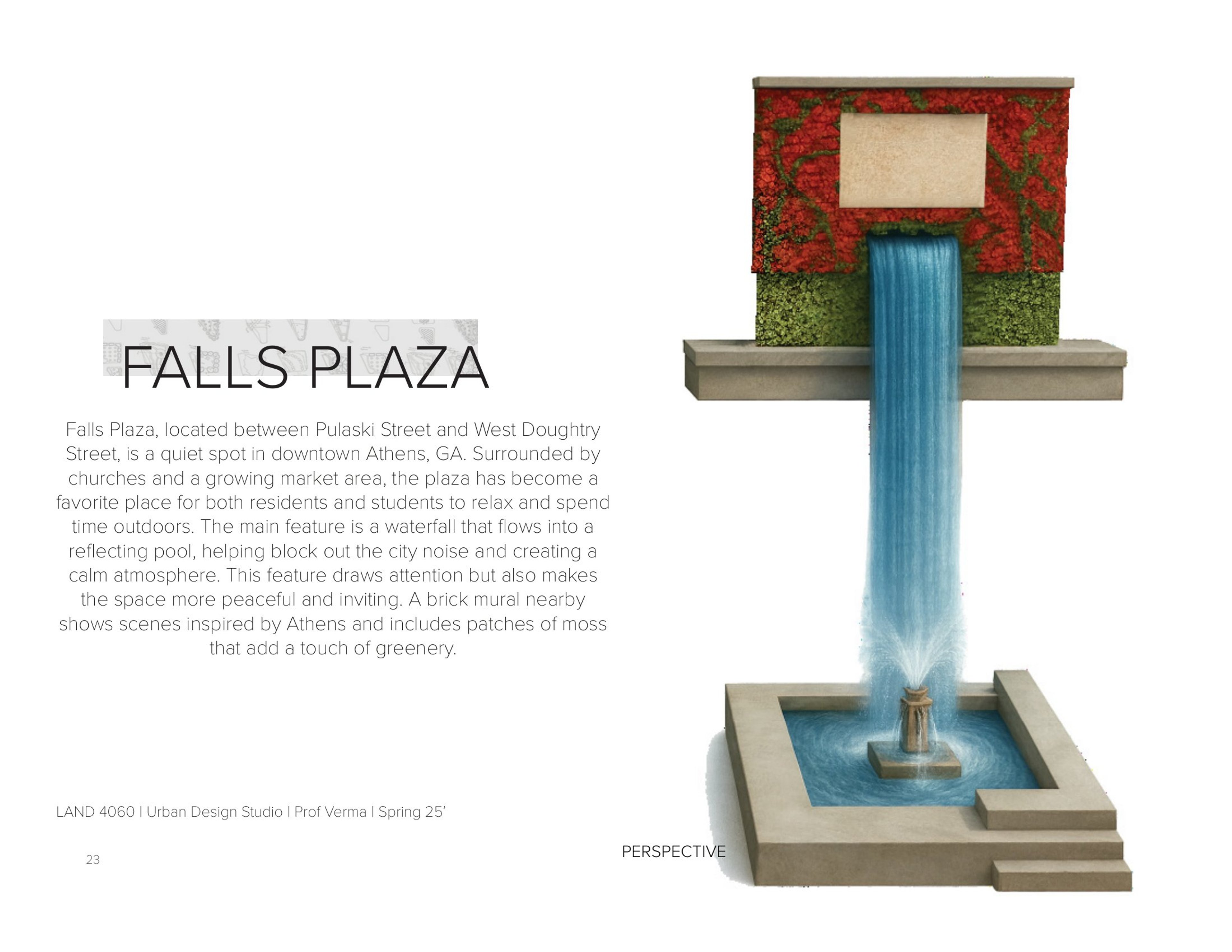 Falls Plaza Section A and Section B showing waterfall mural and seating composition at scale 1 inch = 10 feet