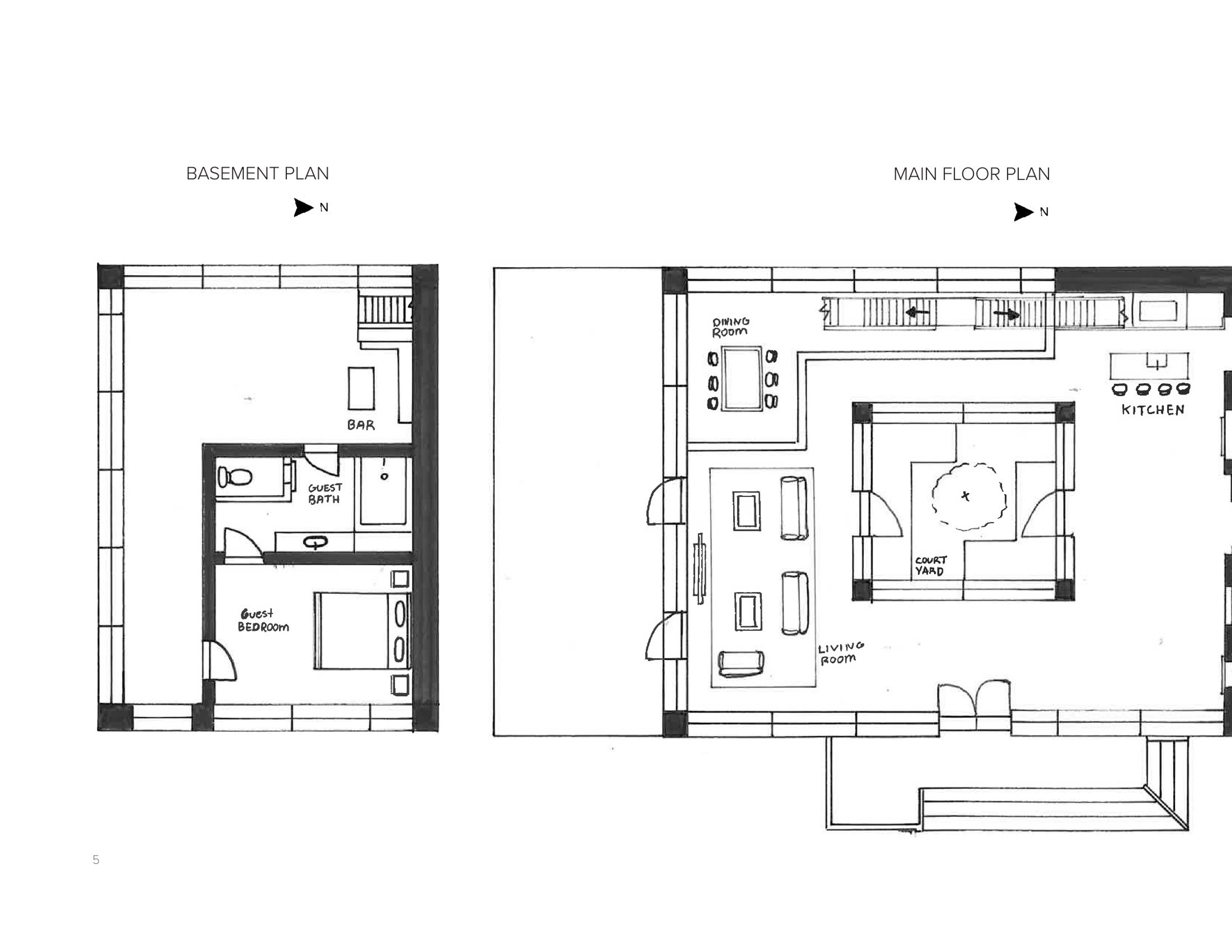 Fishbowl basement floor plan and first floor plan showing program organization