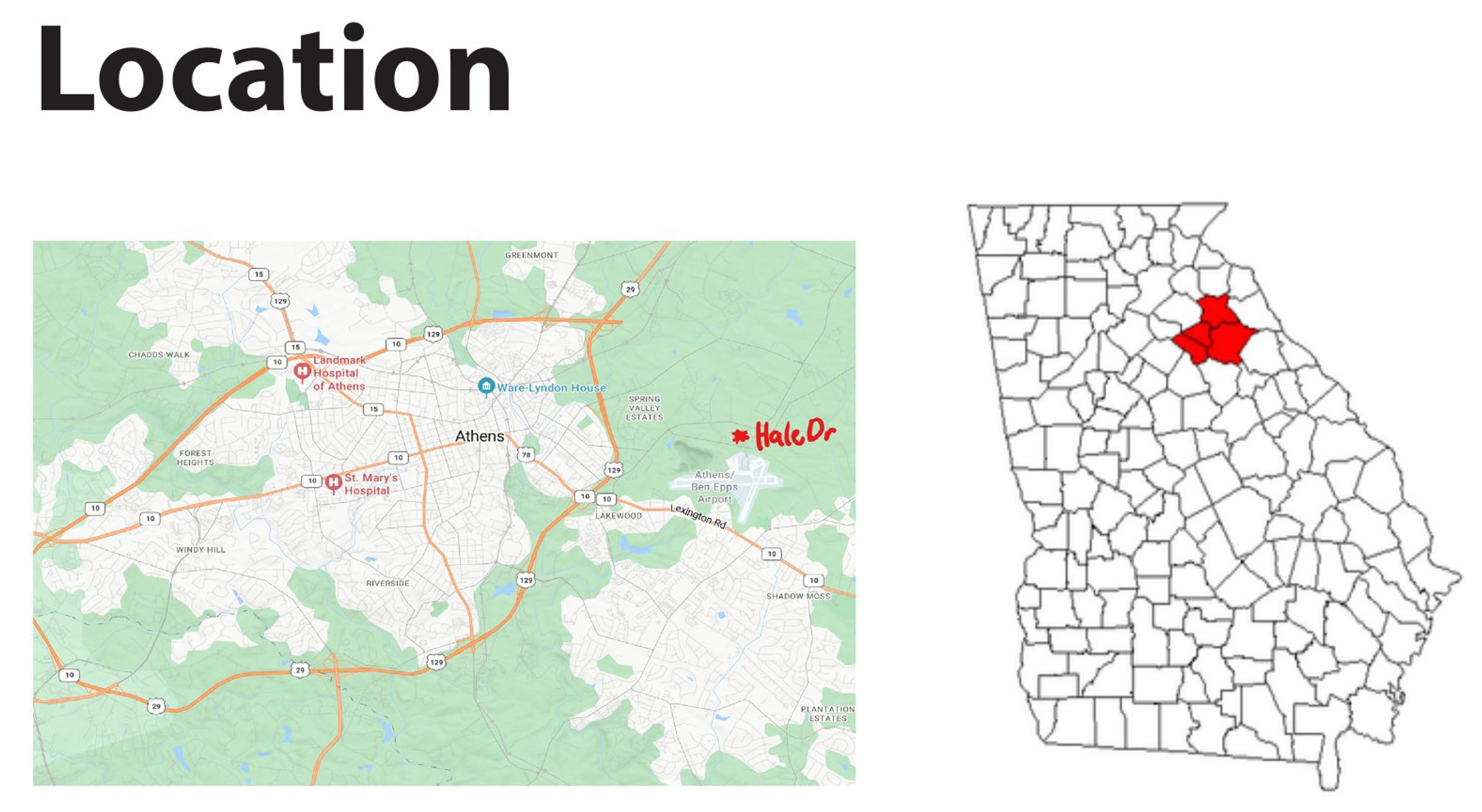 Site location in Athens, GA between Hale Drive and Spring Valley Road