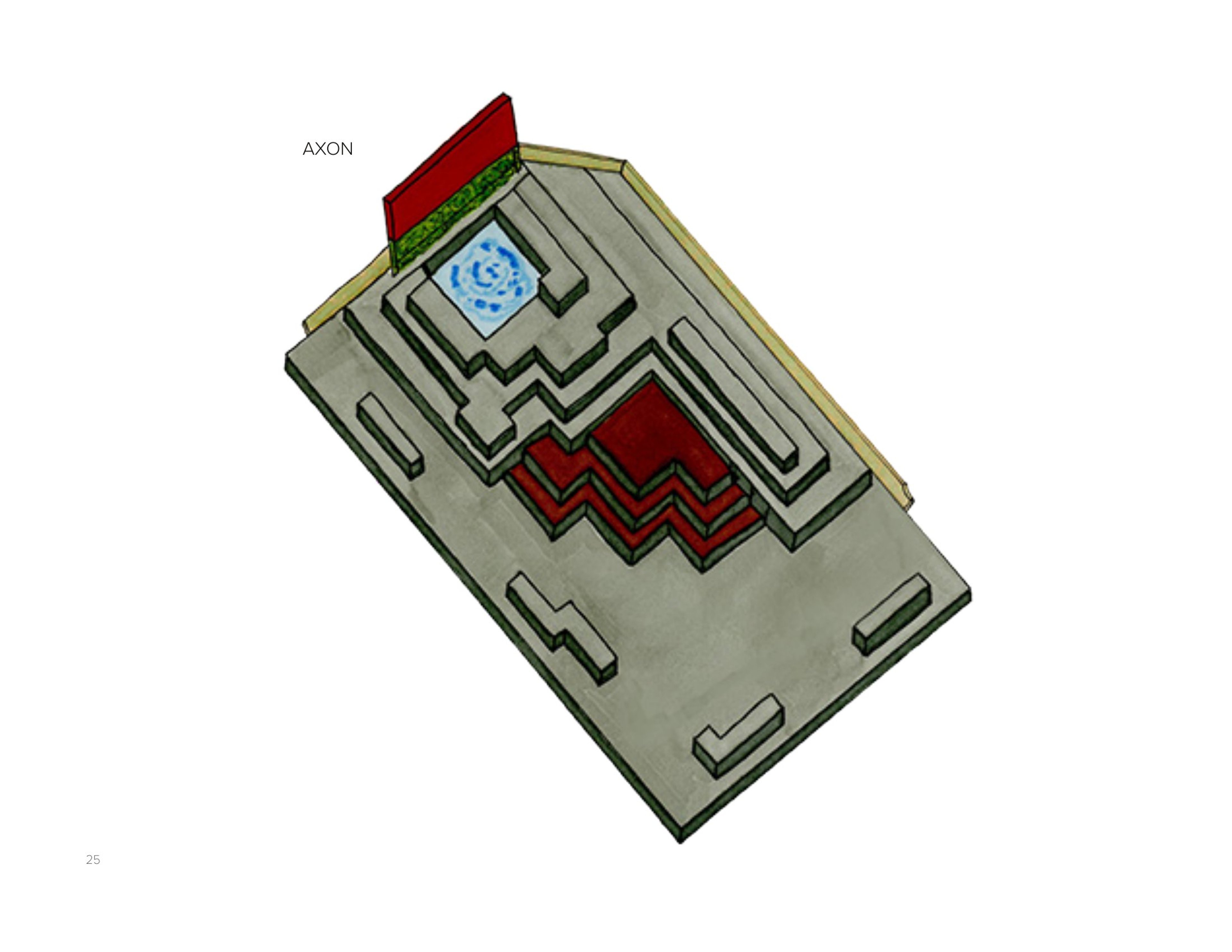 Falls Plaza axonometric view showing layered seating geometry and water collection pool