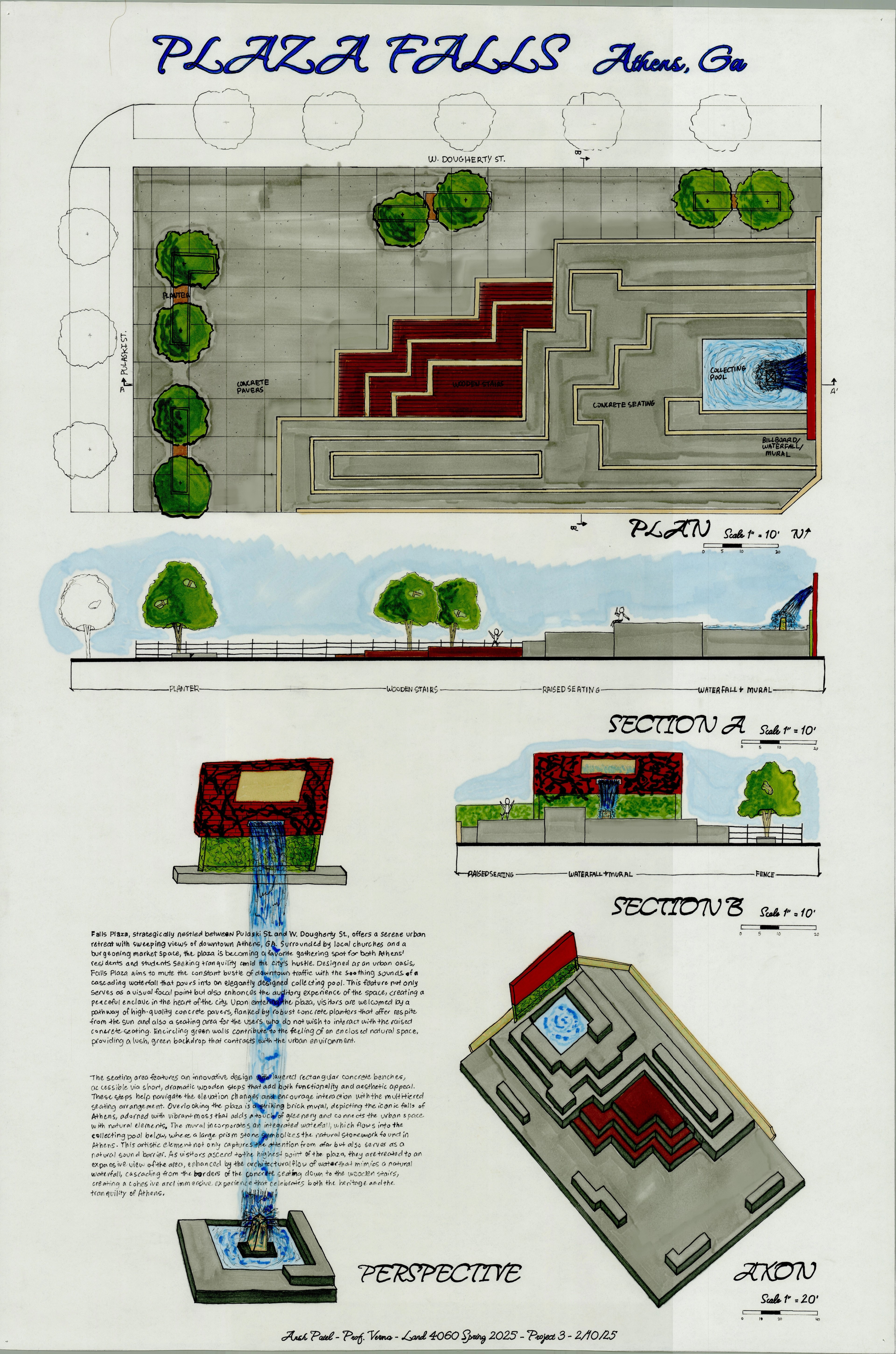 Falls Plaza hand-rendered marker poster showing plan, sections, perspective, and axonometric view of the urban plaza in downtown Athens