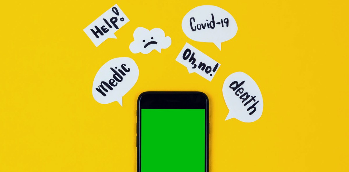 A phone with several thought bubbles expressing feelings of concern