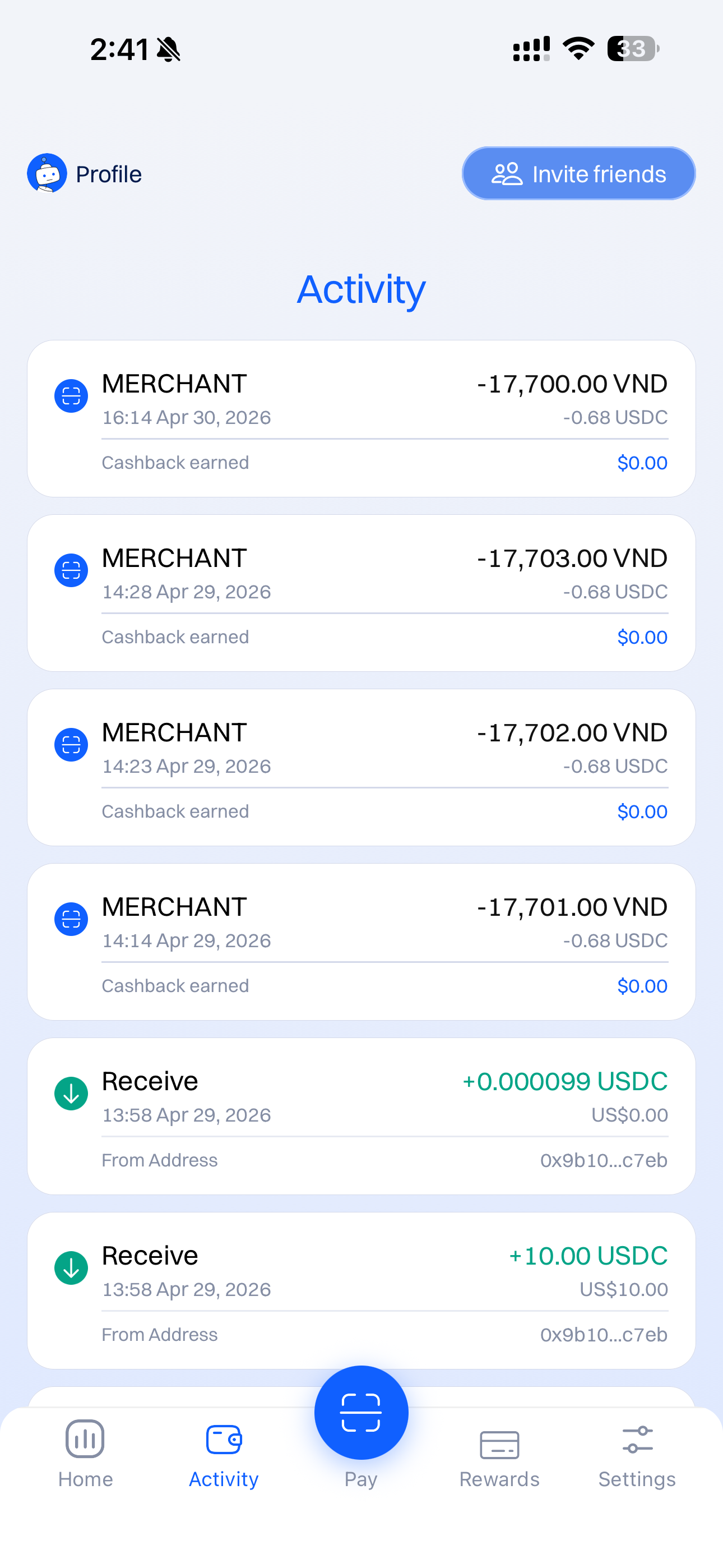 SuperCash Activity Screen - Scan QR & Pay with Crypto, USDC & USDT