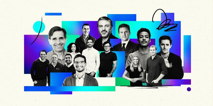 Collage art features founders and CEOs of Kustomer, Coast, Ethic, Oshi Health, Pearl Health, Axonius, Pickle, Stepful, and POSH.