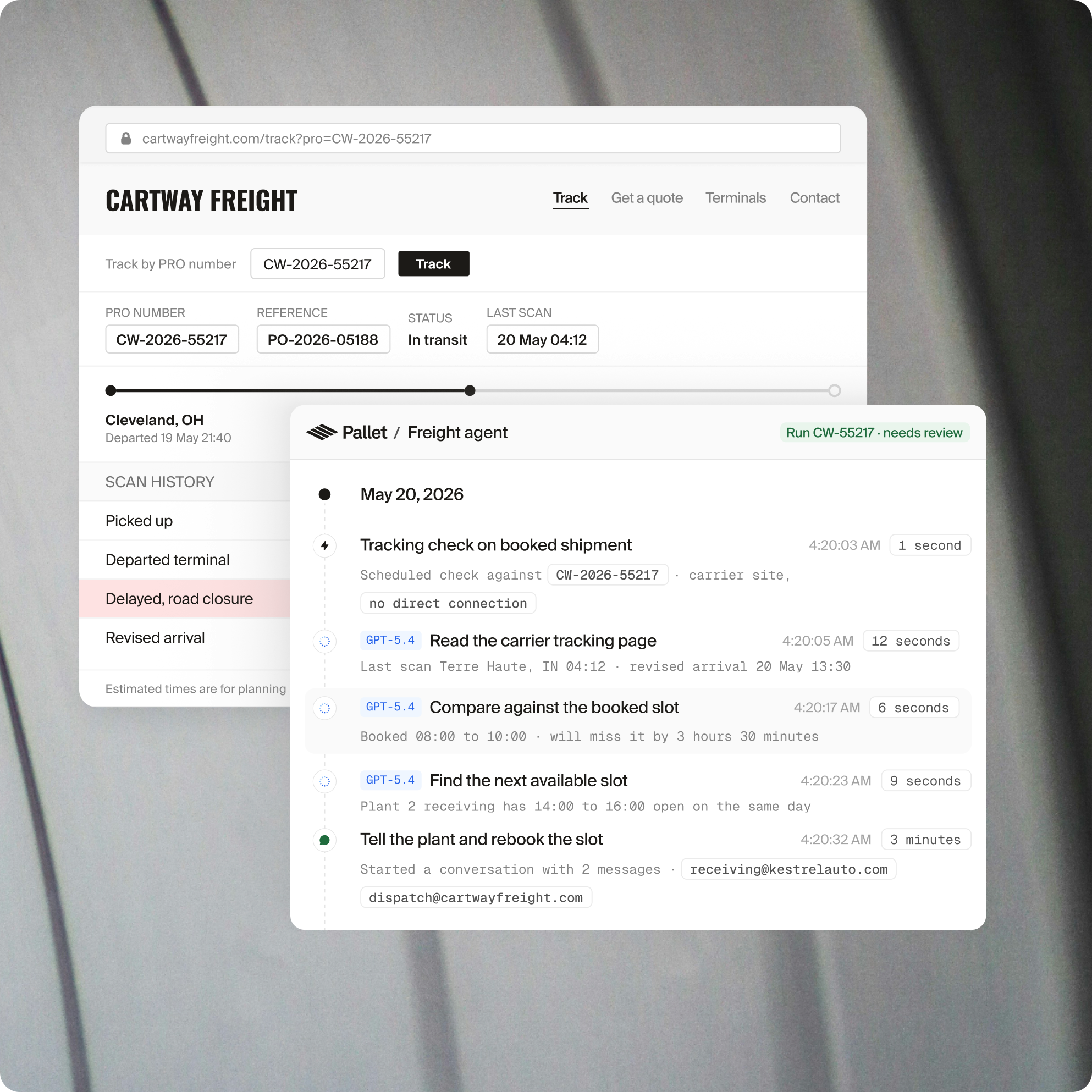 Automotive freight agent tracking a delayed shipment and rebooking its delivery slot