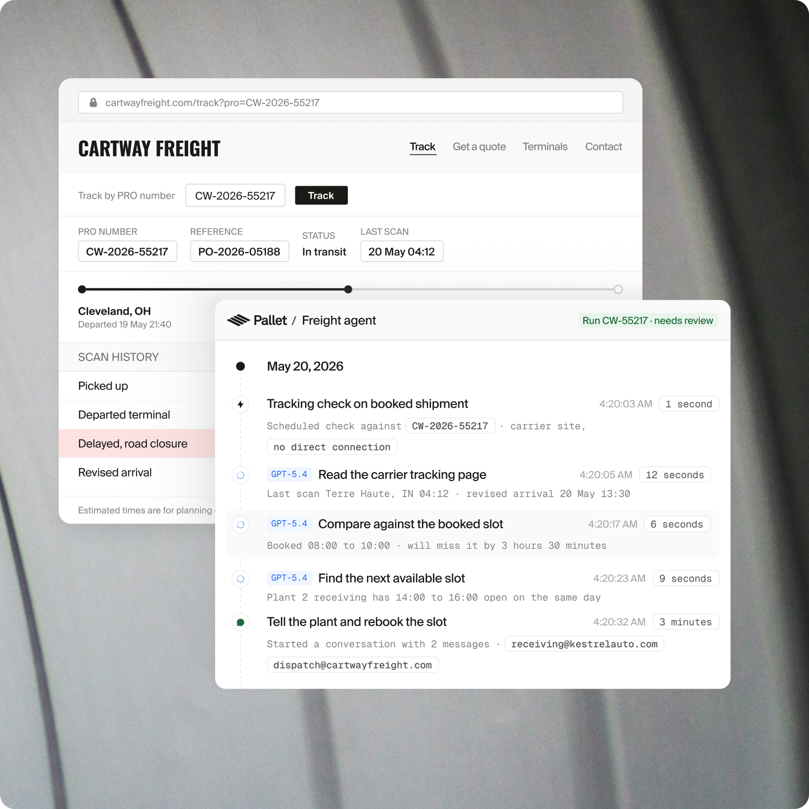 Automotive freight agent tracking a delayed shipment and rebooking its delivery slot