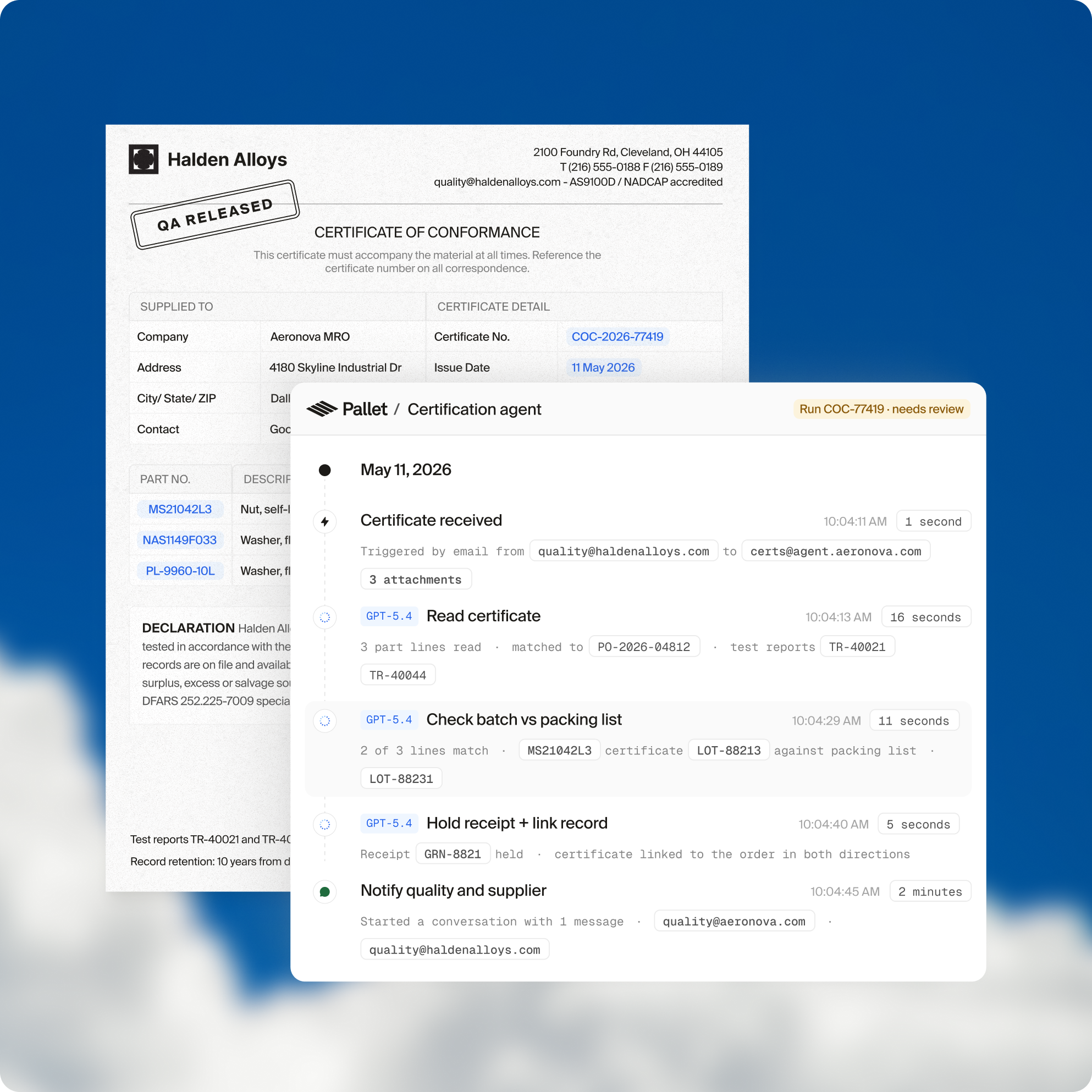 Aerospace certification agent checking certificates against batch and part records
