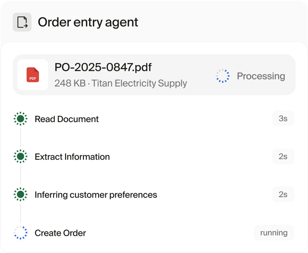 Order entry agent processing a purchase order