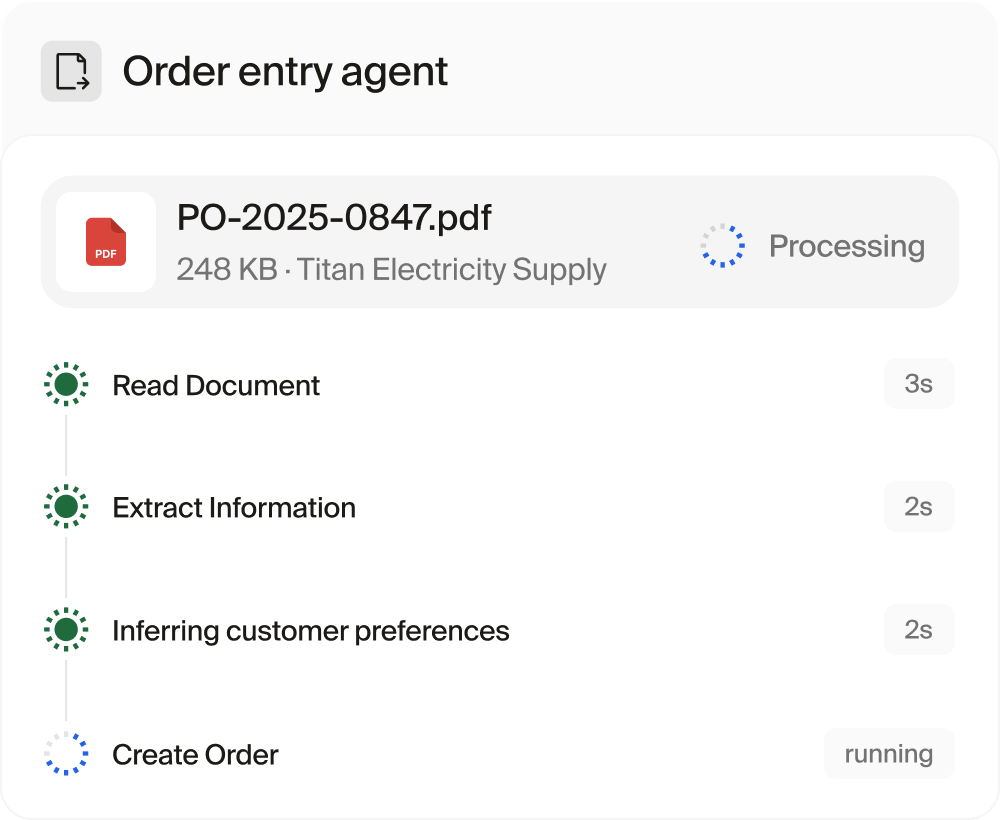 Order entry agent processing a purchase order