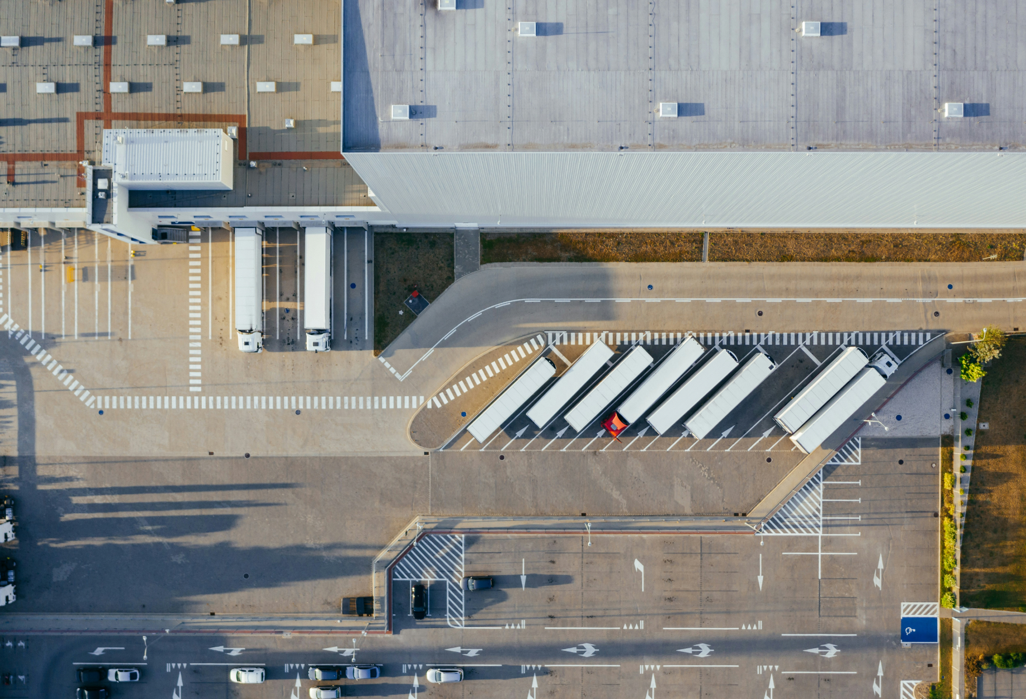 Overhead view of loading docks and truck trailers