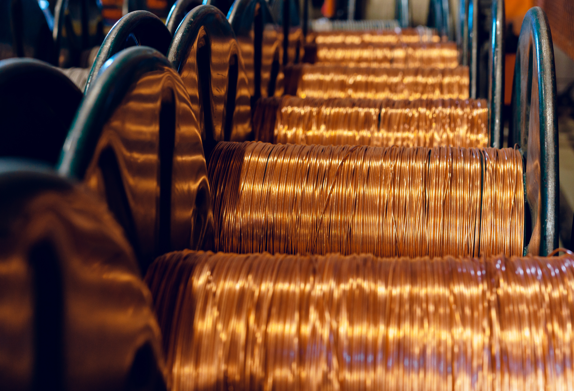 Copper wire coils in a manufacturing facility