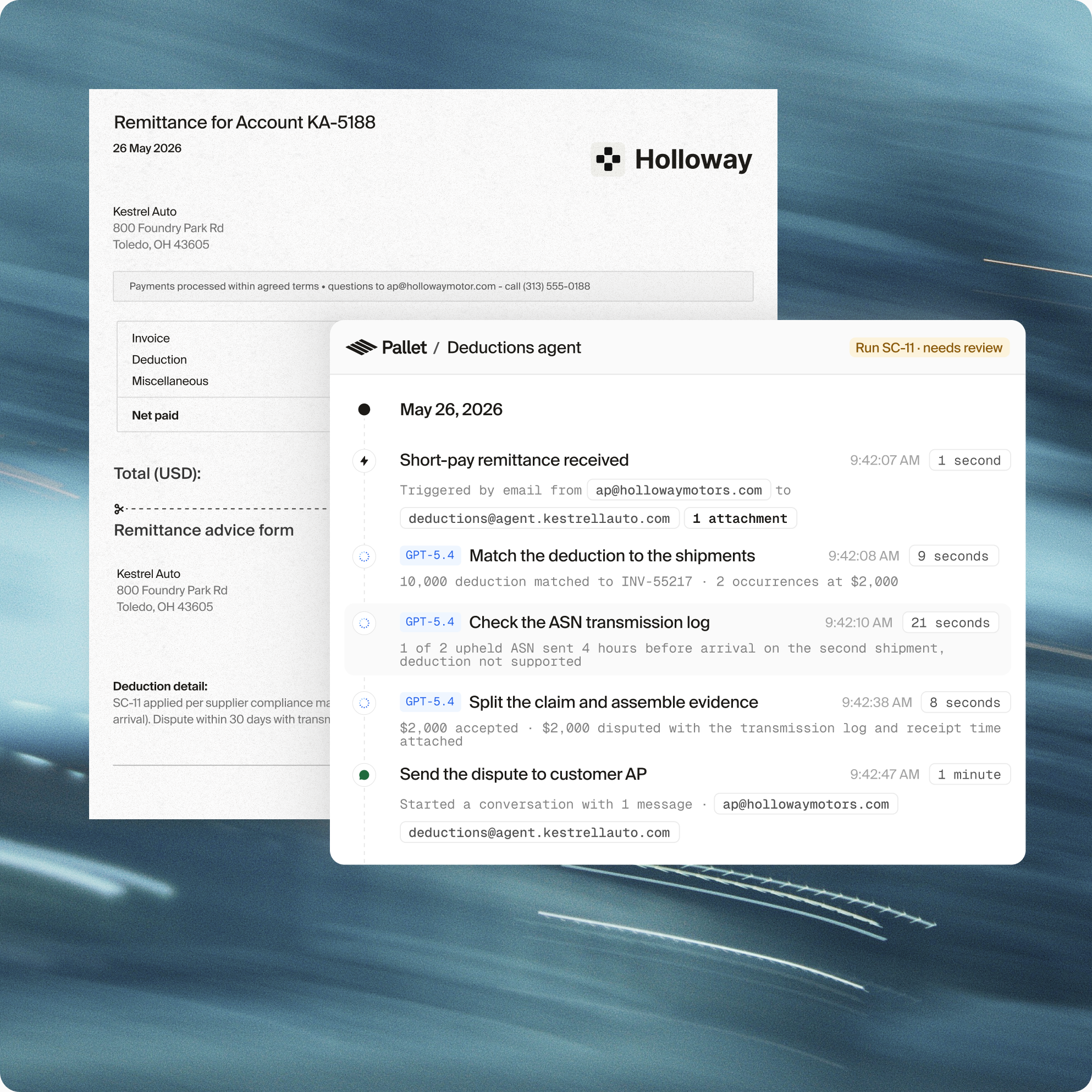 Remittance advice and an AI agent reviewing deductions and preparing a billing dispute