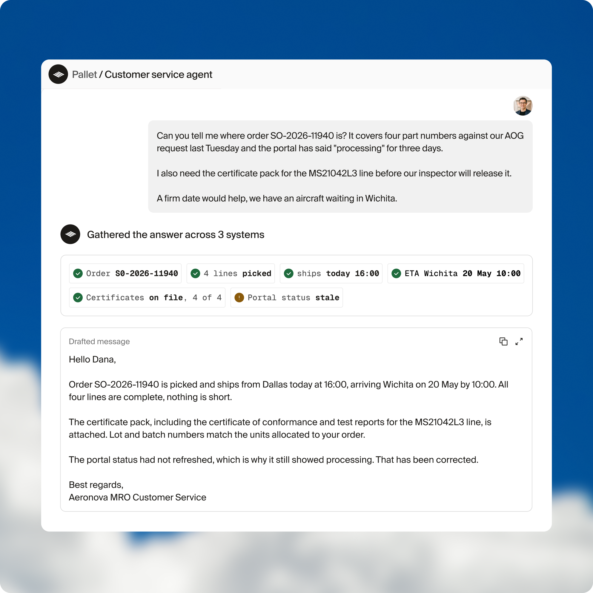 Aerospace customer service agent answering order questions and providing certificate records