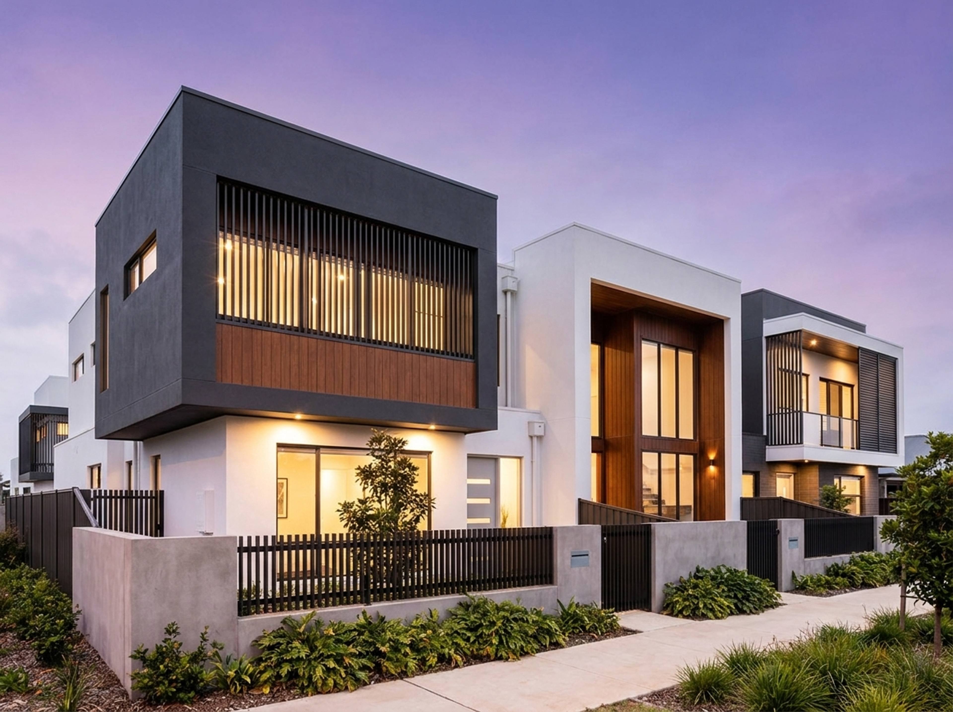 Three-dwelling residential development in Happy Valley, featuring contemporary facades, integrated garages and landscaped frontages.
