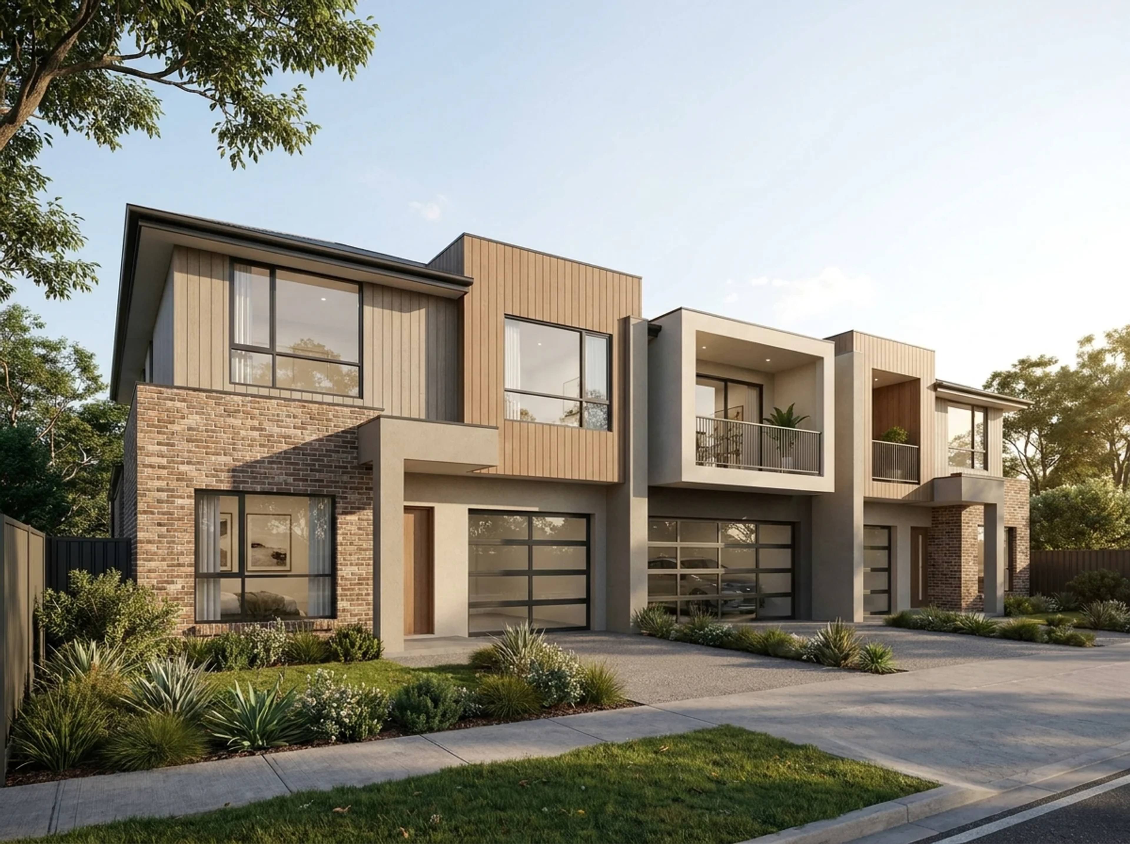 Three-dwelling terrace development in Salisbury East, featuring a row housing arrangement, modern facades and integrated residential design.