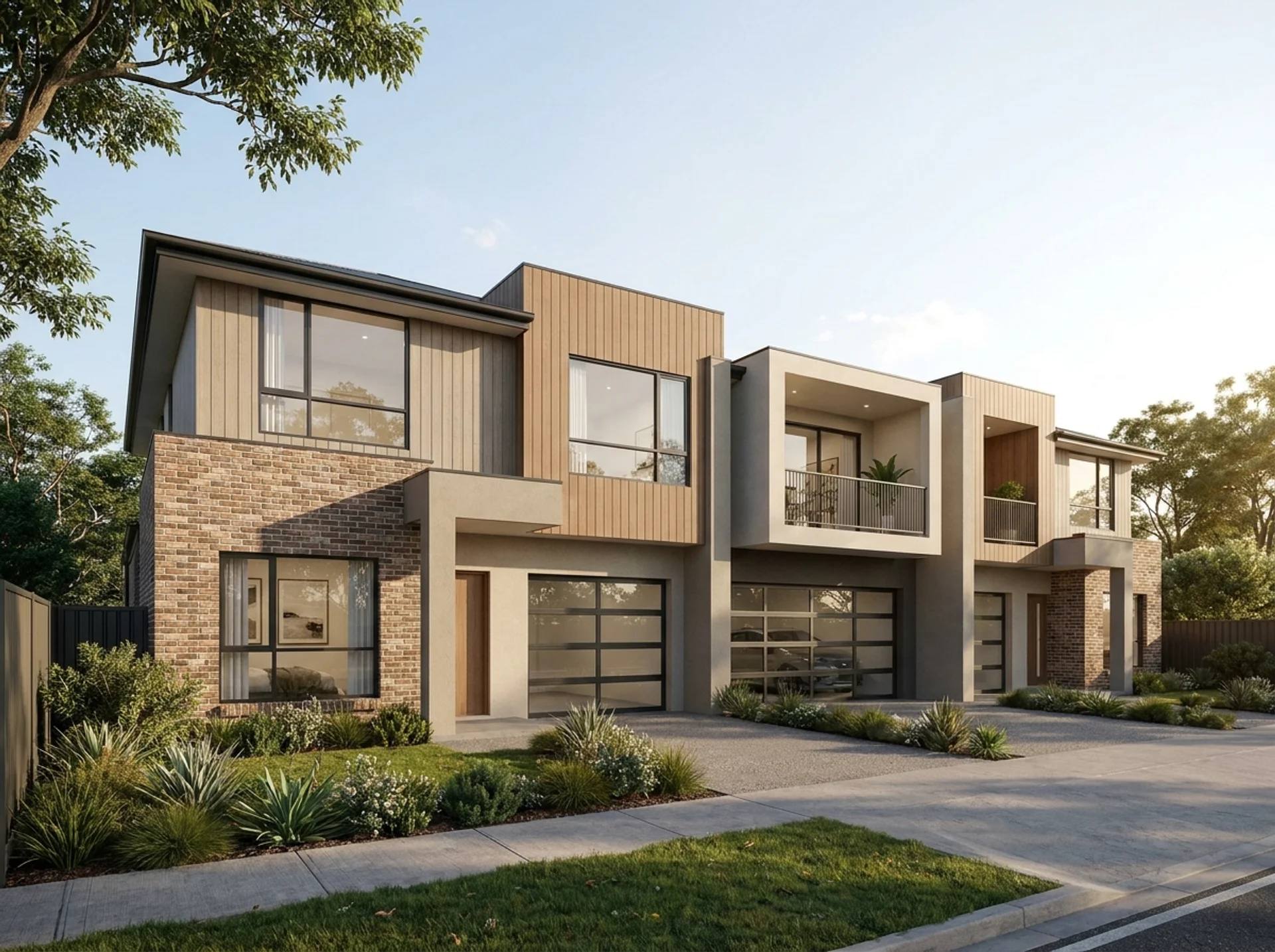 Three-dwelling terrace development in Salisbury East, featuring a row housing arrangement, modern facades and integrated residential design.
