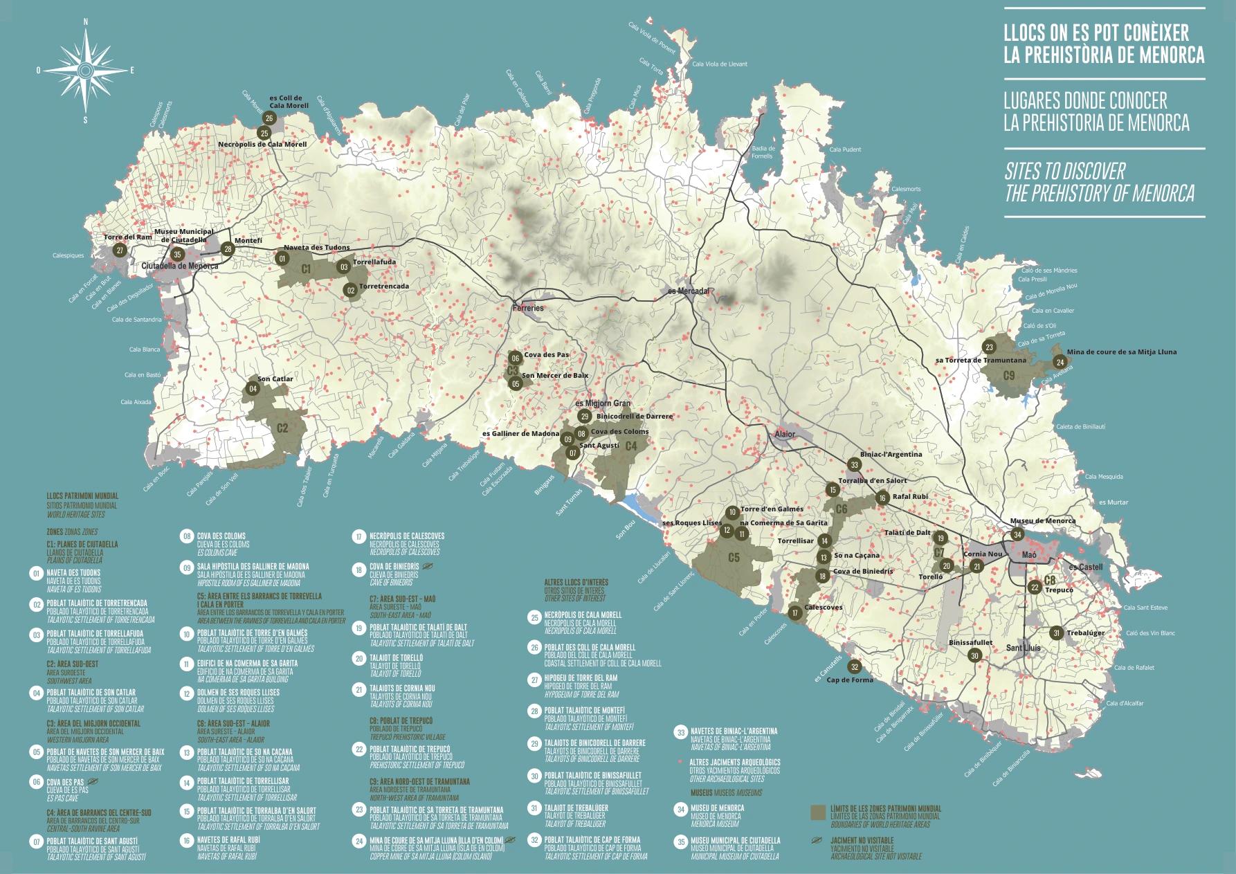 Official map of Menorca’s prehistoric sites, including Naveta des Tudons, Son Catlar, Torre d’en Galmés, Torralba d’en Salort, Talatí de Dalt and Trepucó