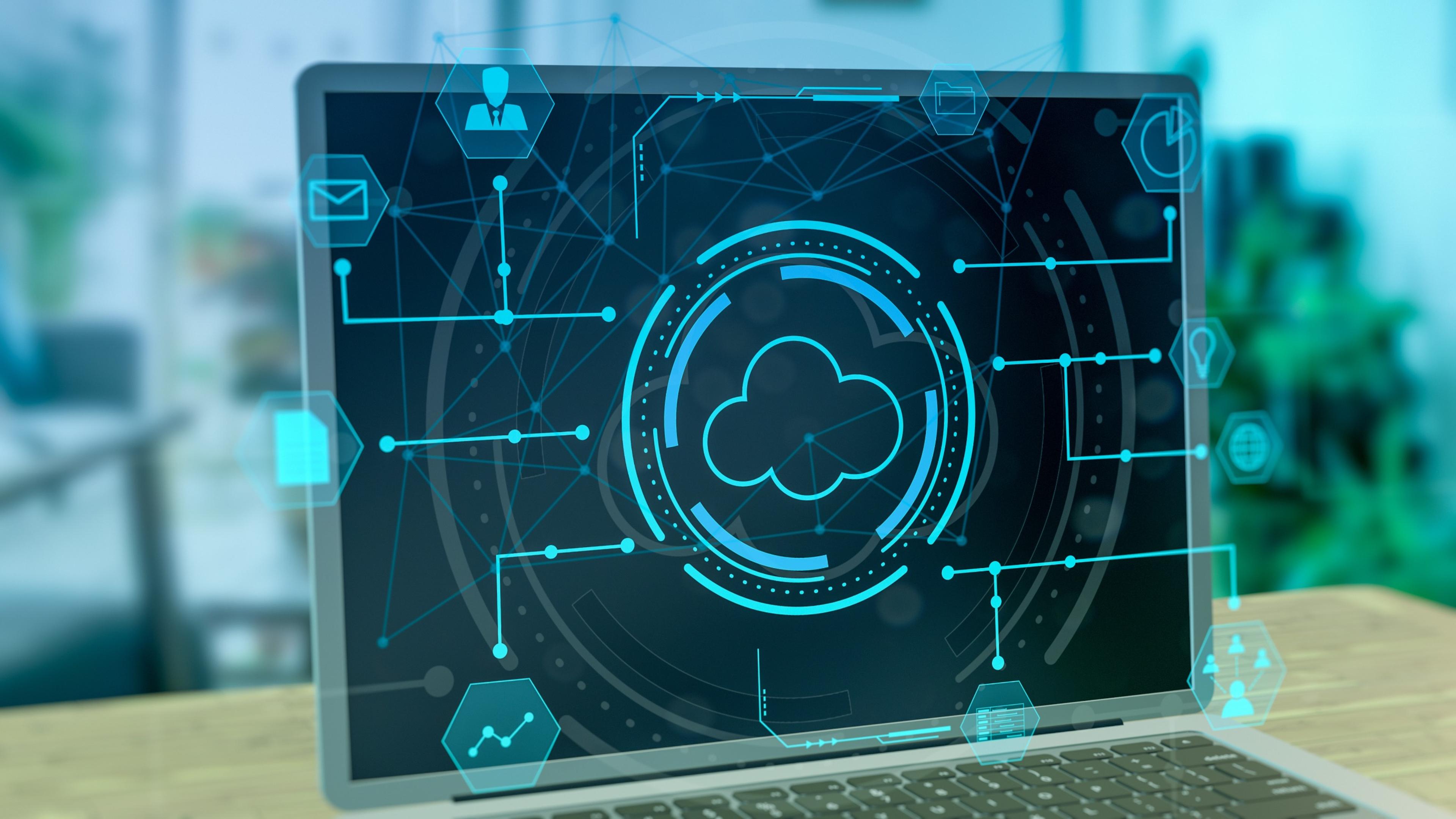 A laptop with futuristic icons symbolizing network management.