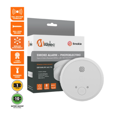 Photoelectric Smoke Alarm 240VAC Interconnectable with Battery Back-Up