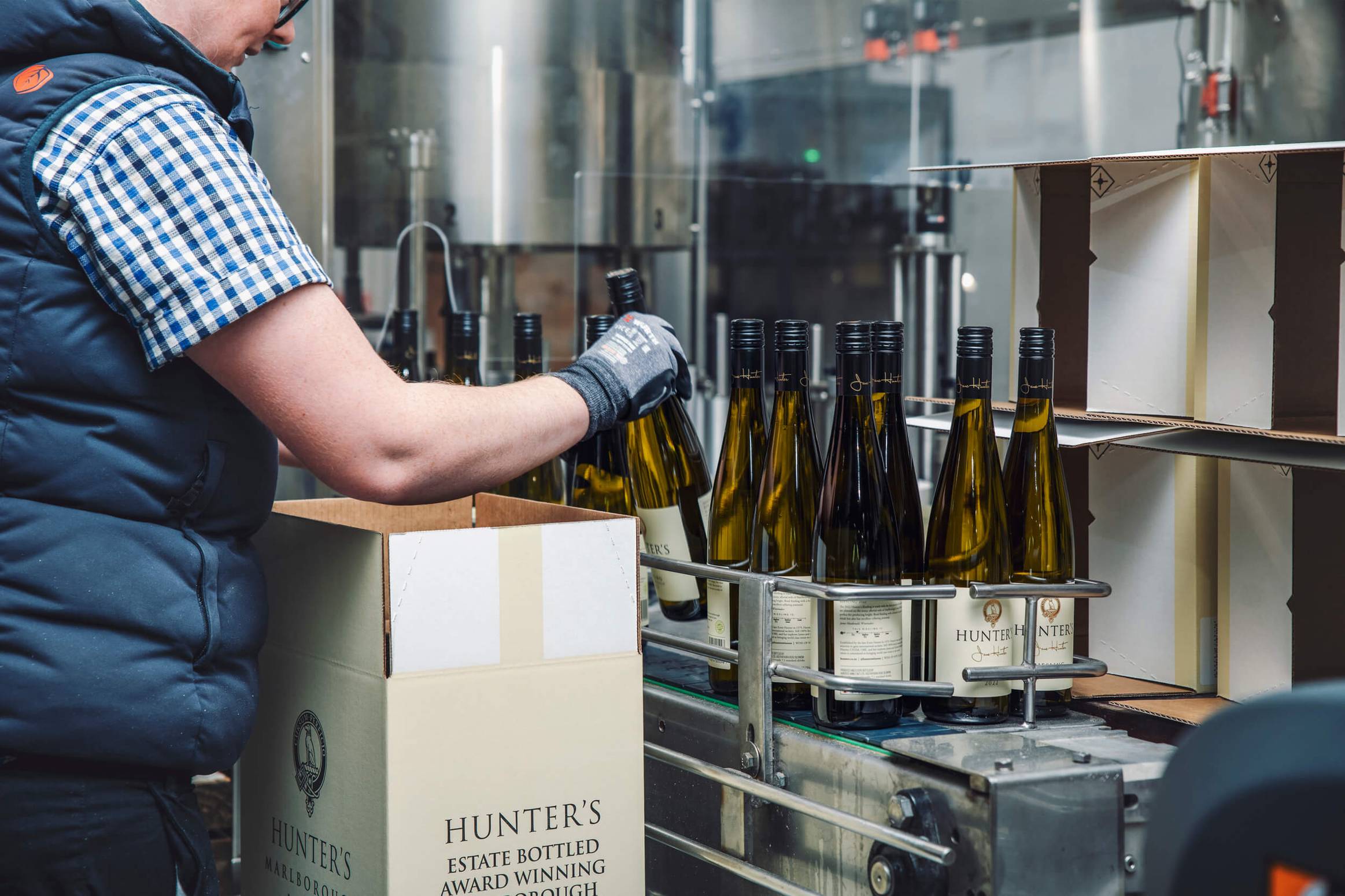 Hunter's Riesling being packed into boxes on bottling line