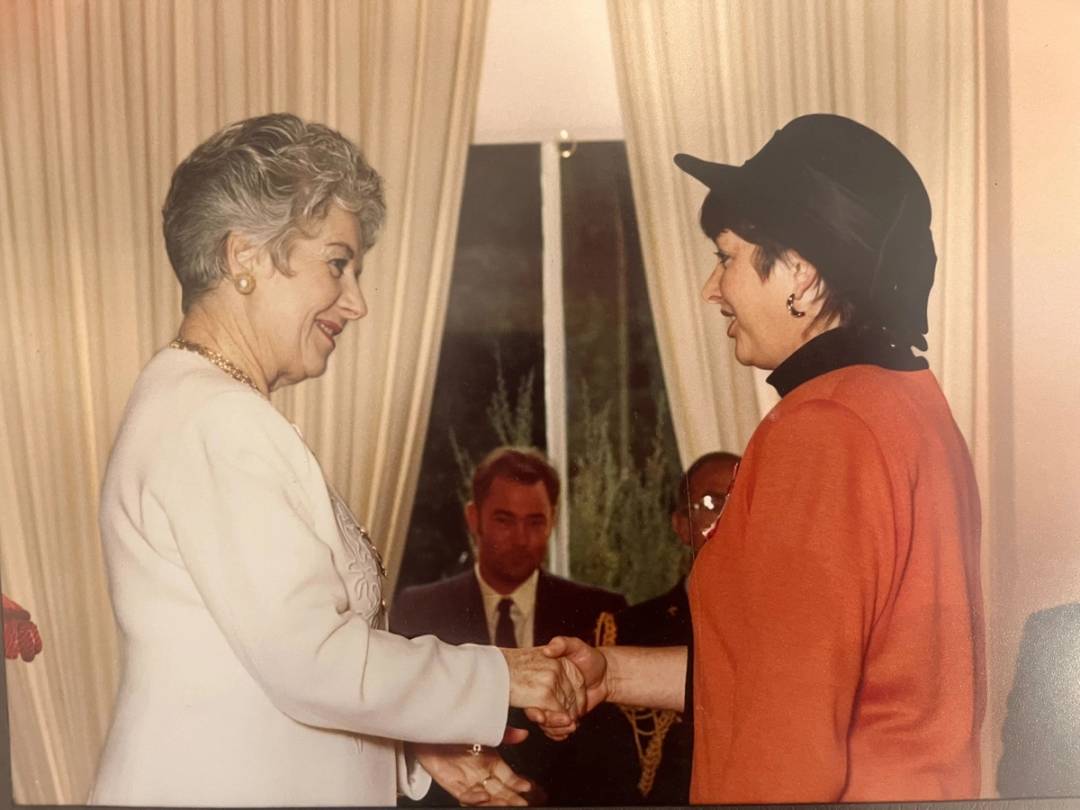 Jane Hunter receiving OBE from Governor General, 1993 