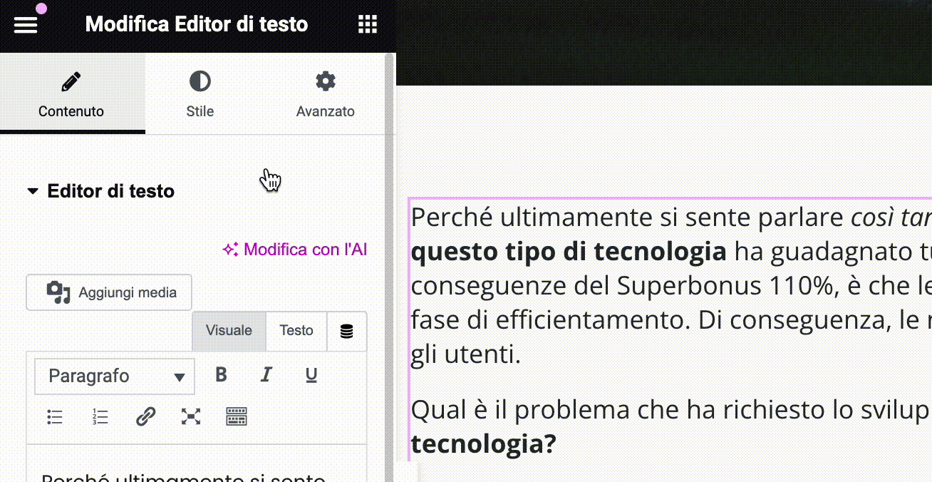 Come indicare il comportamento da seguire al sito web responsive, usando Elementor.