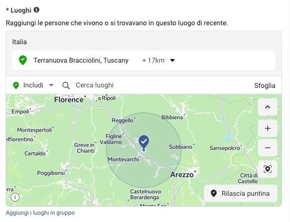 La schermata di Meta Business Suite per impostare il raggio della tua campagna pubblicitaria online