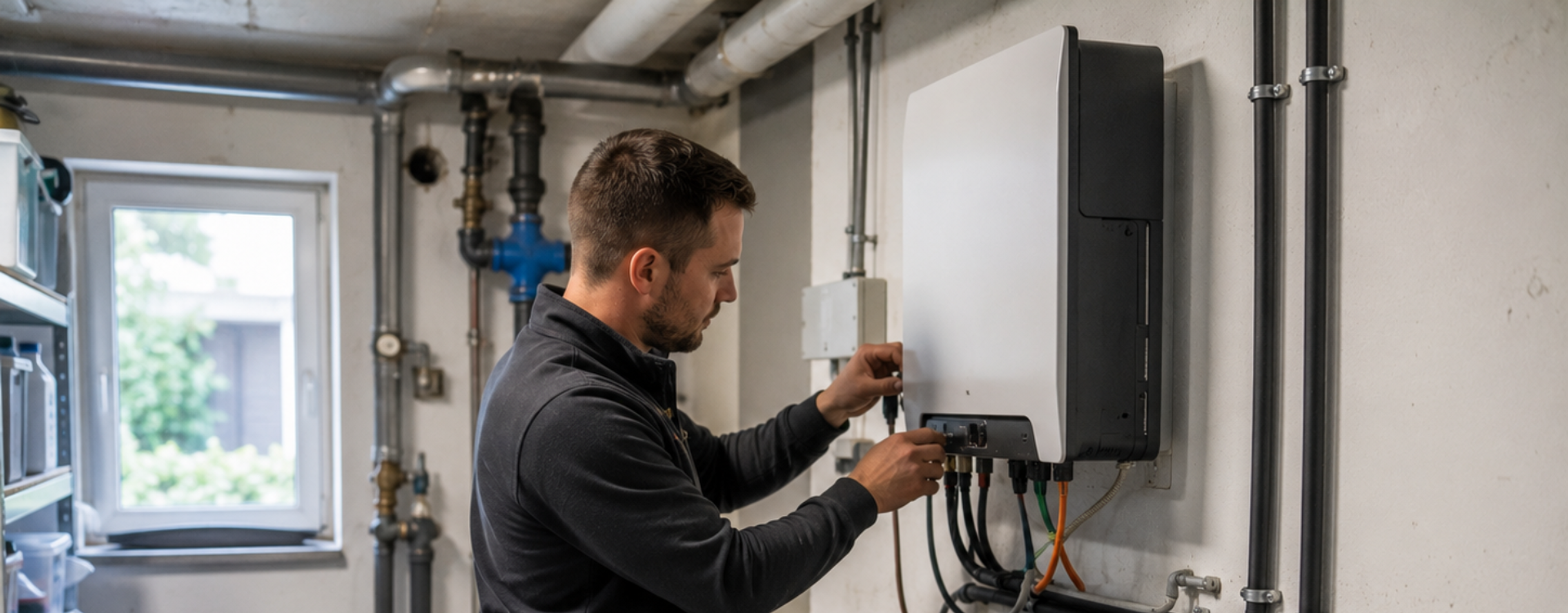 Solarteur richtet Batteriespeicher und Hybrid-Wechselrichter einer Solaranlage im Keller ein.
