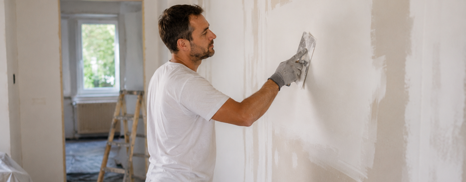 Maler bereitet eine Innenwand durch Spachtelarbeiten vor einer Renovierung vor.