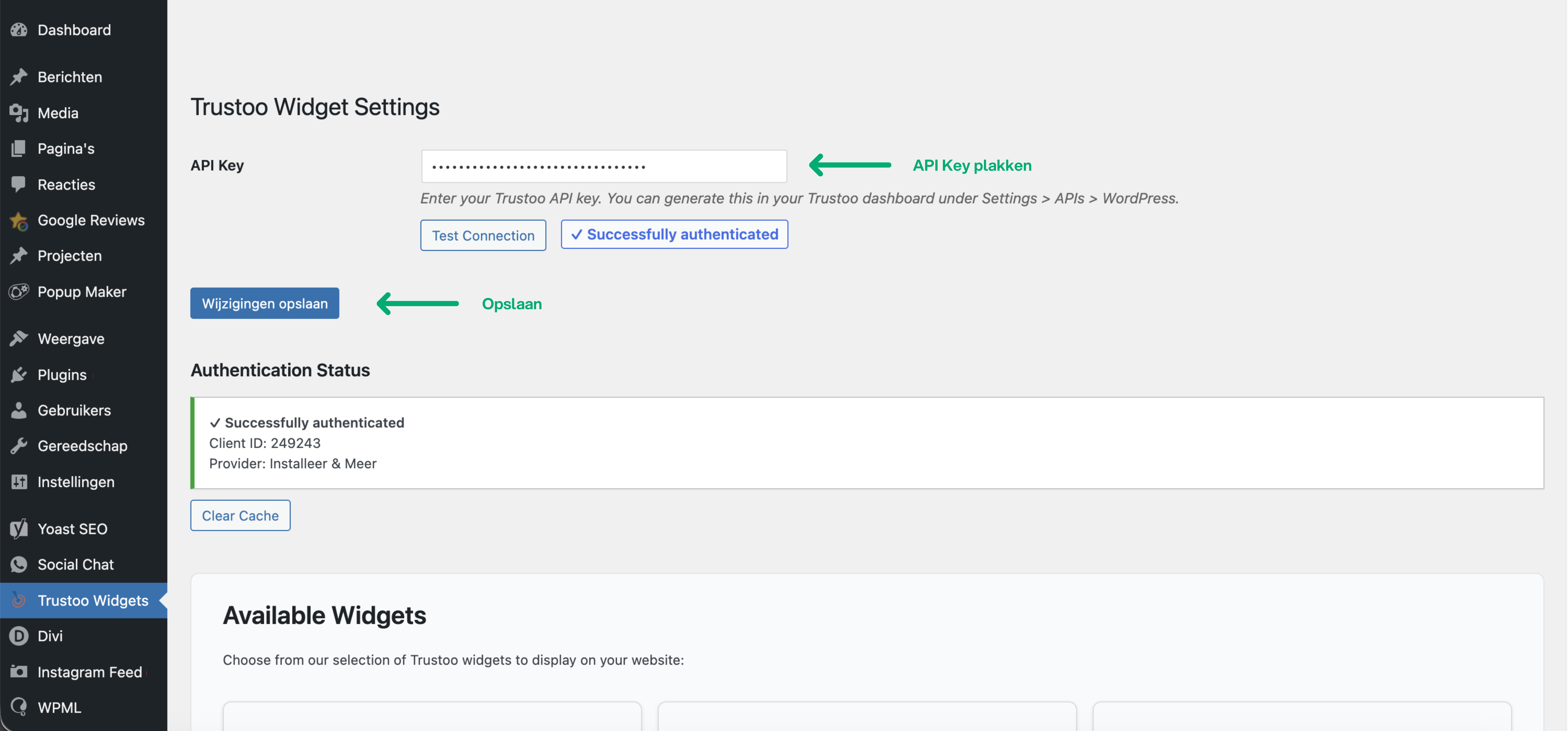 Stap 5: Voeg de API Key toe aan de Trustoo Widgets plugin