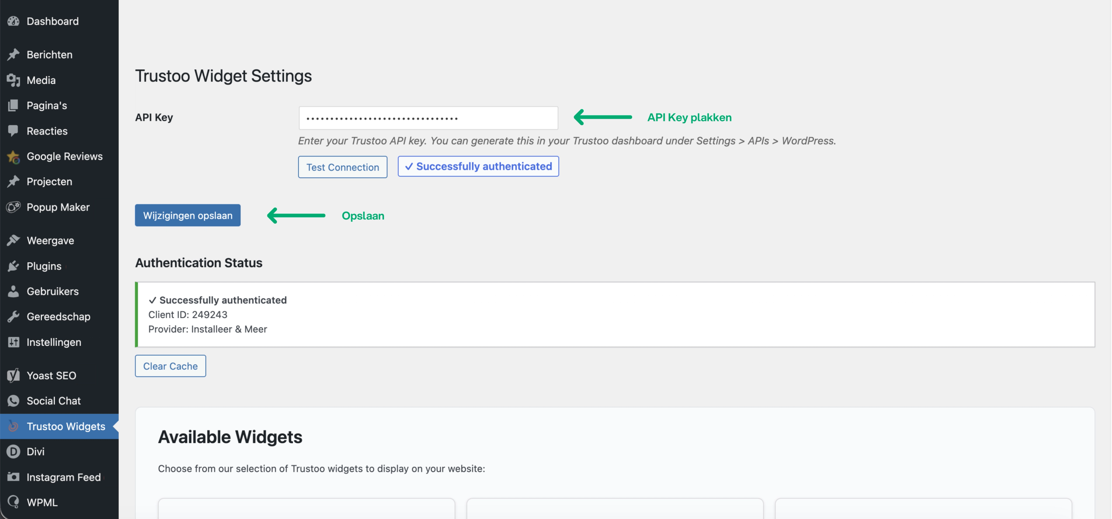 Stap 5: Voeg de API Key toe aan de Trustoo Widgets plugin