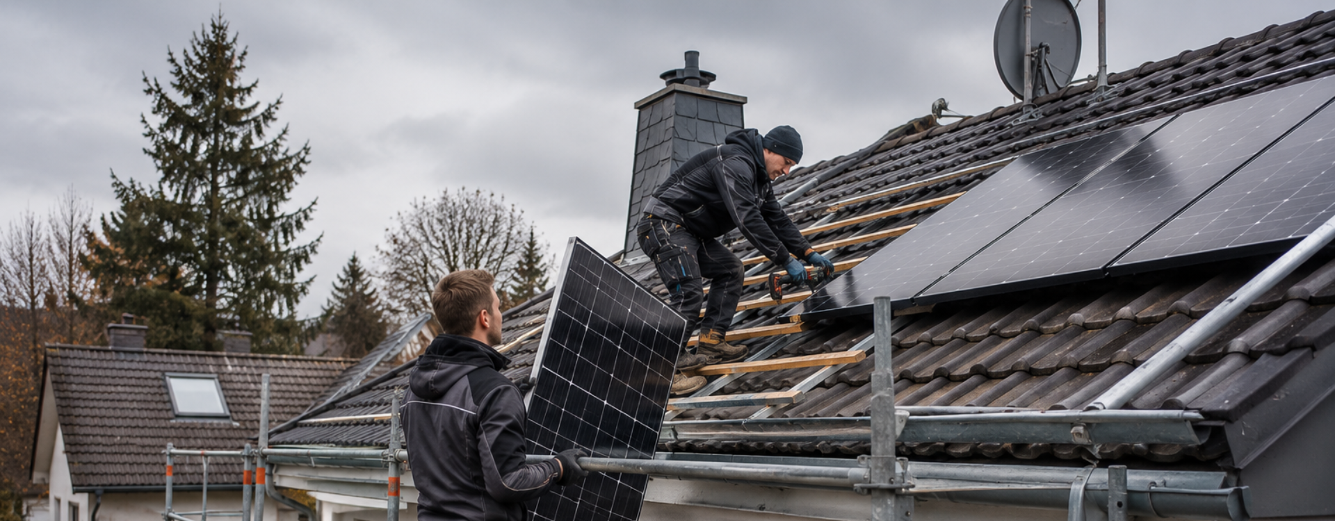Solarteur-Team montiert Photovoltaikanlage auf Hausdach mit Gerüst in Wohngebiet