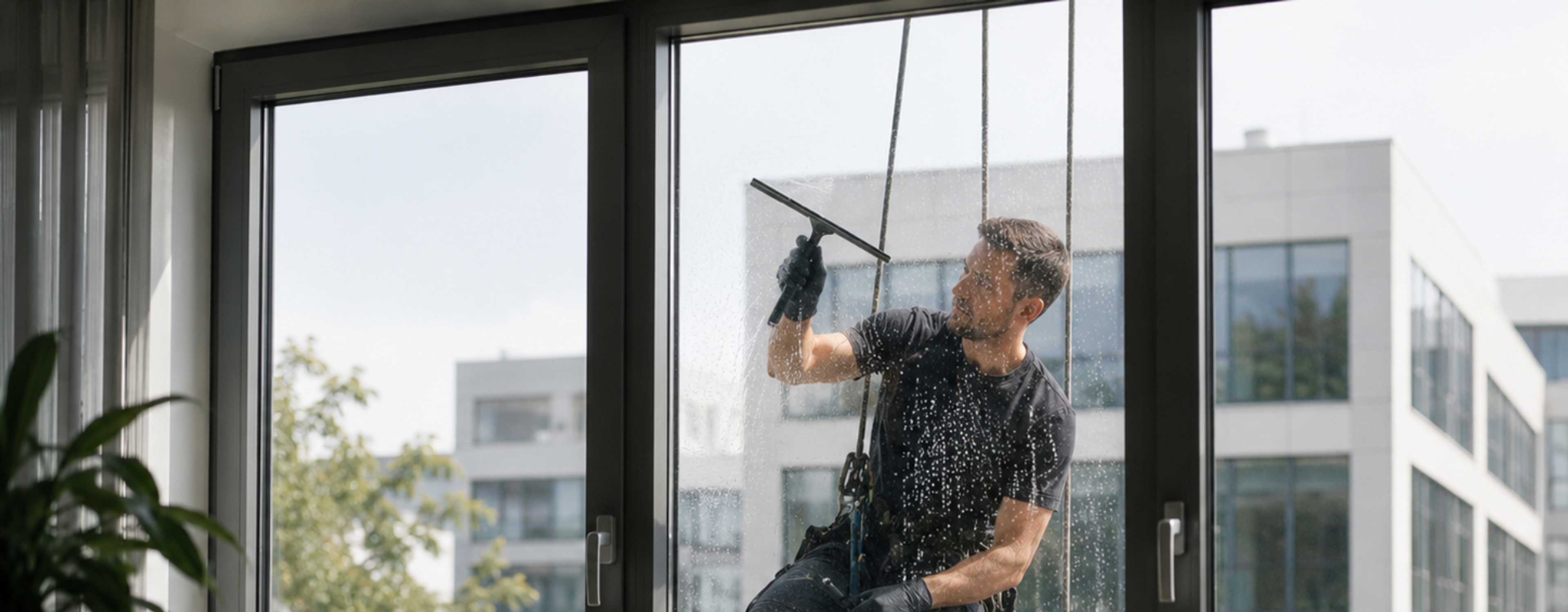 Professioneller Fensterreiniger reinigt die Glasfassade eines Bürogebäudes von außen vor großen Bürofenstern. 