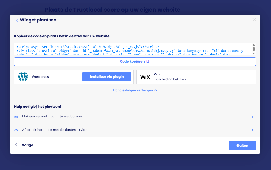 Stap 3.1: Klik op 'Installeer via plugin' en kopieer de API Key