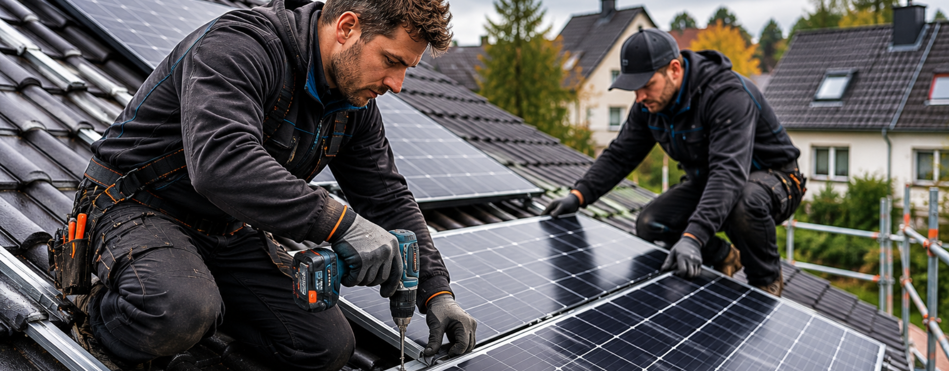 Solarteure installieren Photovoltaikmodule auf dem Dach eines Einfamilienhauses in Deutschland.