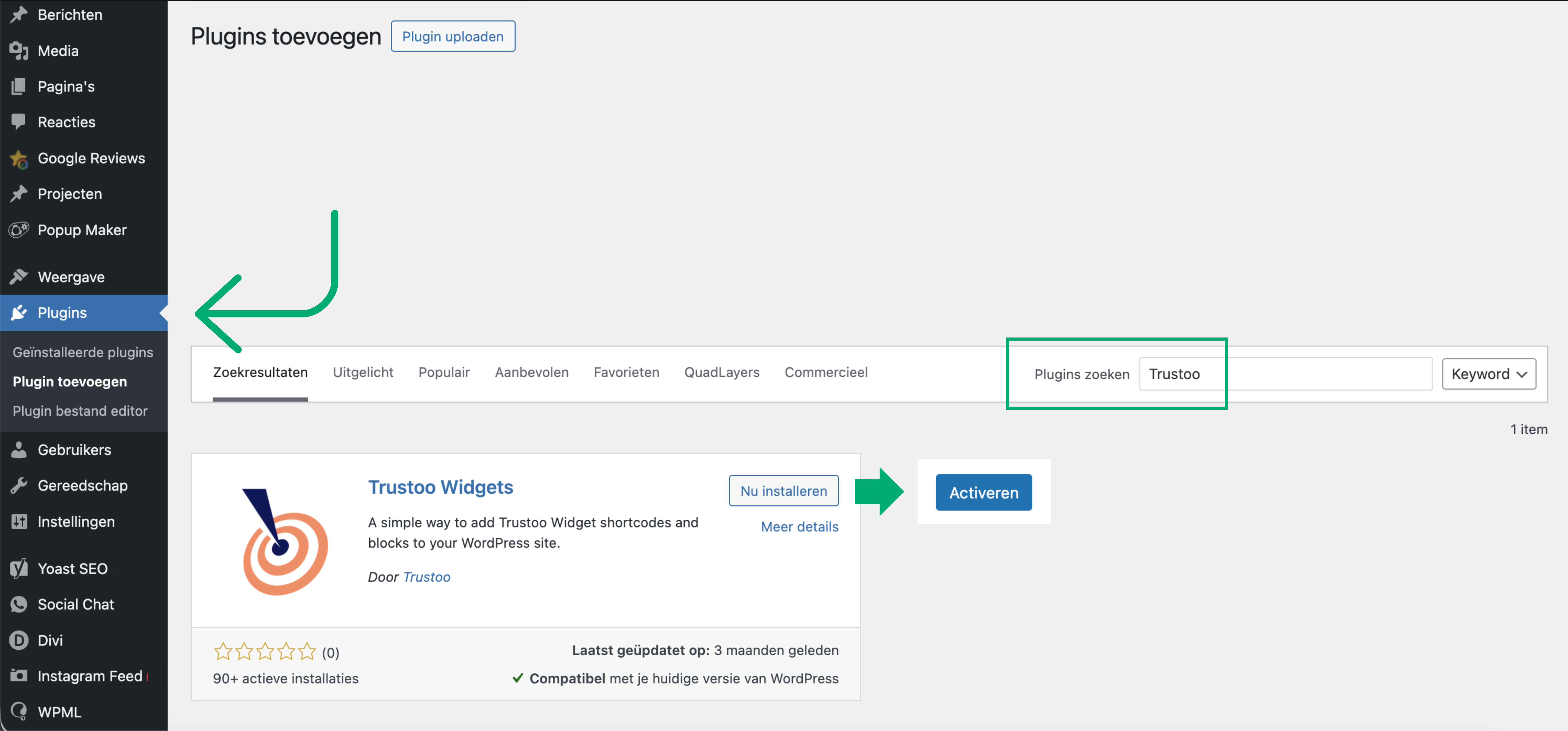 Stap 4: Ga naar je WordPress dashboard en installeer de Trustoo Widgets plugin