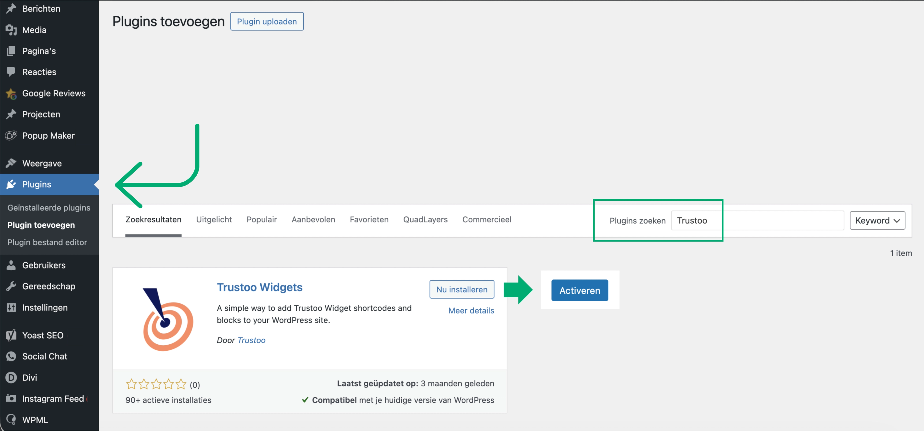 Stap 4: Ga naar je WordPress dashboard en installeer de Trustoo Widgets plugin