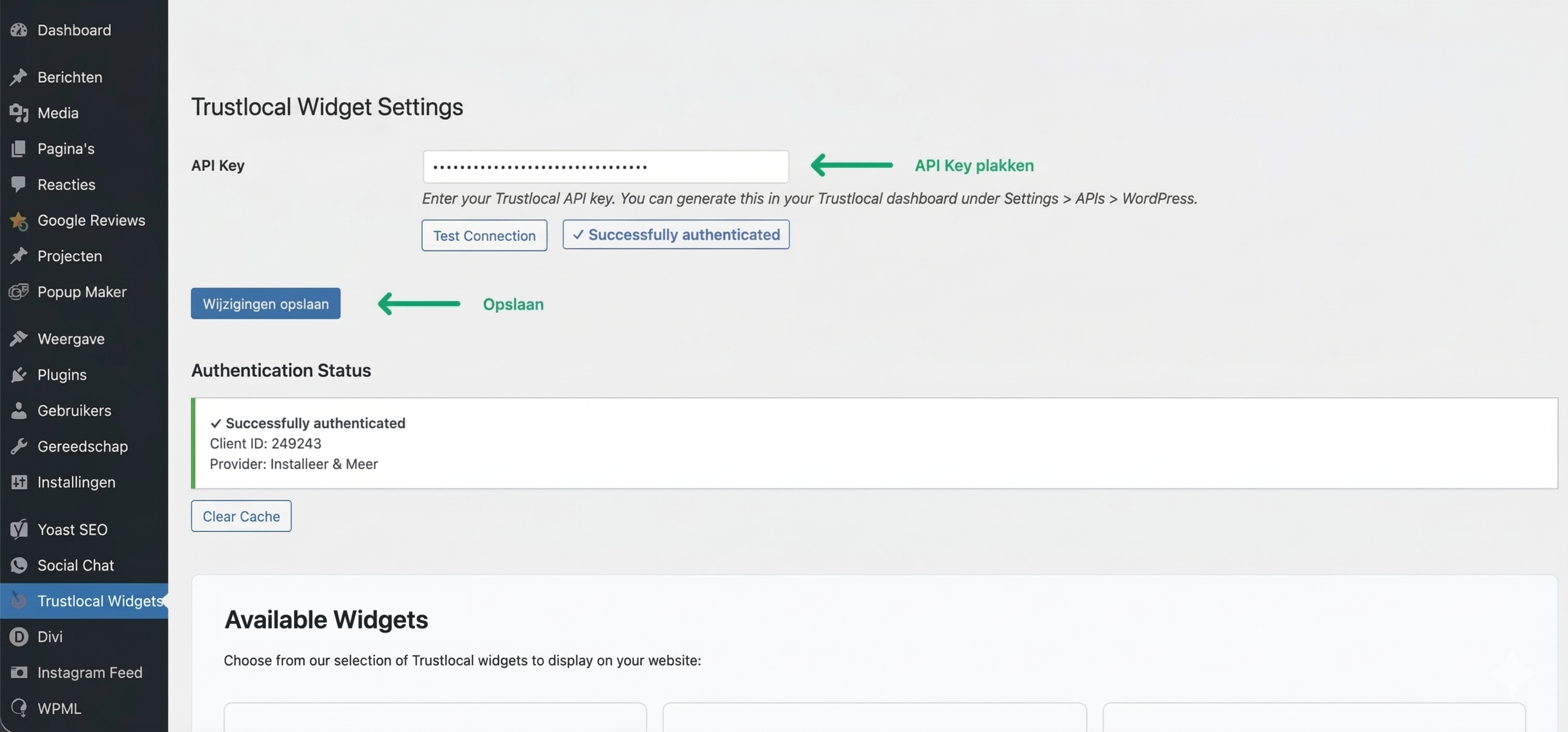 Stap 5: Voeg de API Key toe aan de Trustlocal Widgets plugin