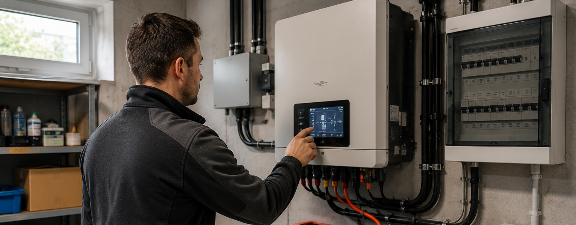 Solarteur richtet Batteriespeicher und Hybrid-Wechselrichter einer Solaranlage im Keller ein.