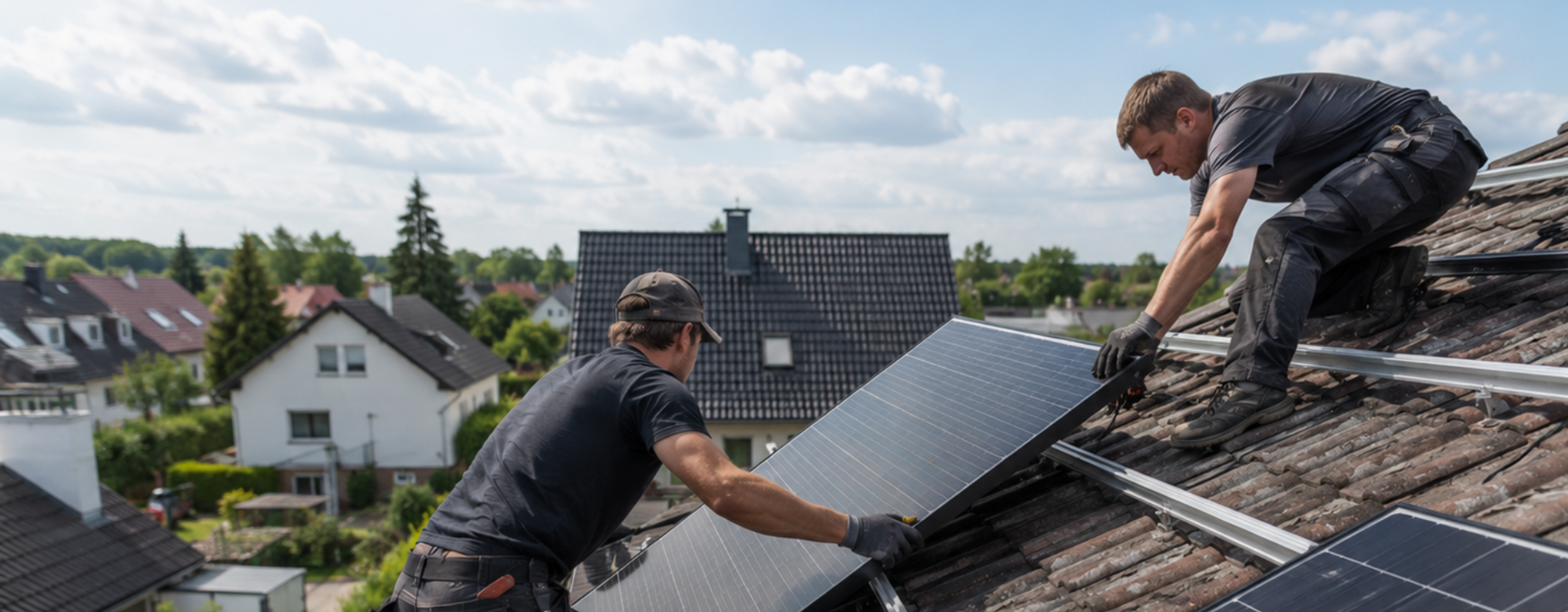Solarteure installieren Photovoltaikmodule auf dem Dach eines Einfamilienhauses in Deutschland.