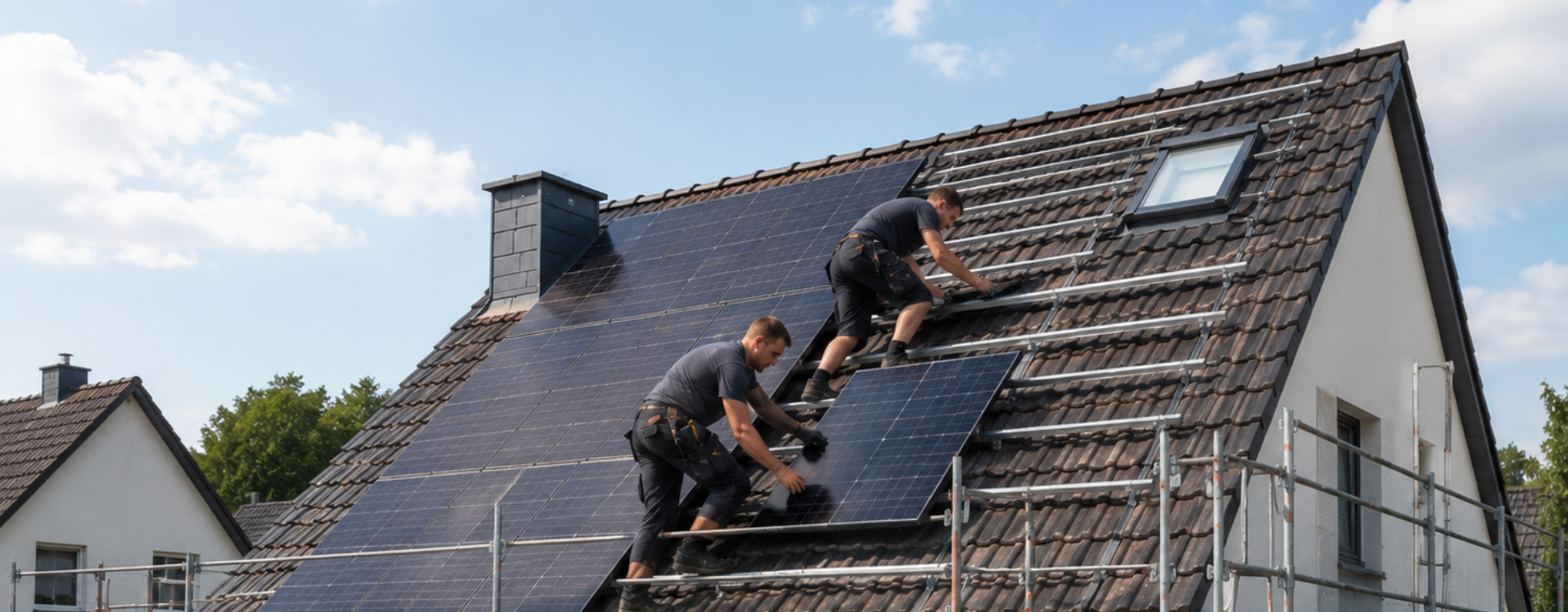 Solarteur-Team montiert Photovoltaikanlage auf Hausdach mit Gerüst in Wohngebiet.