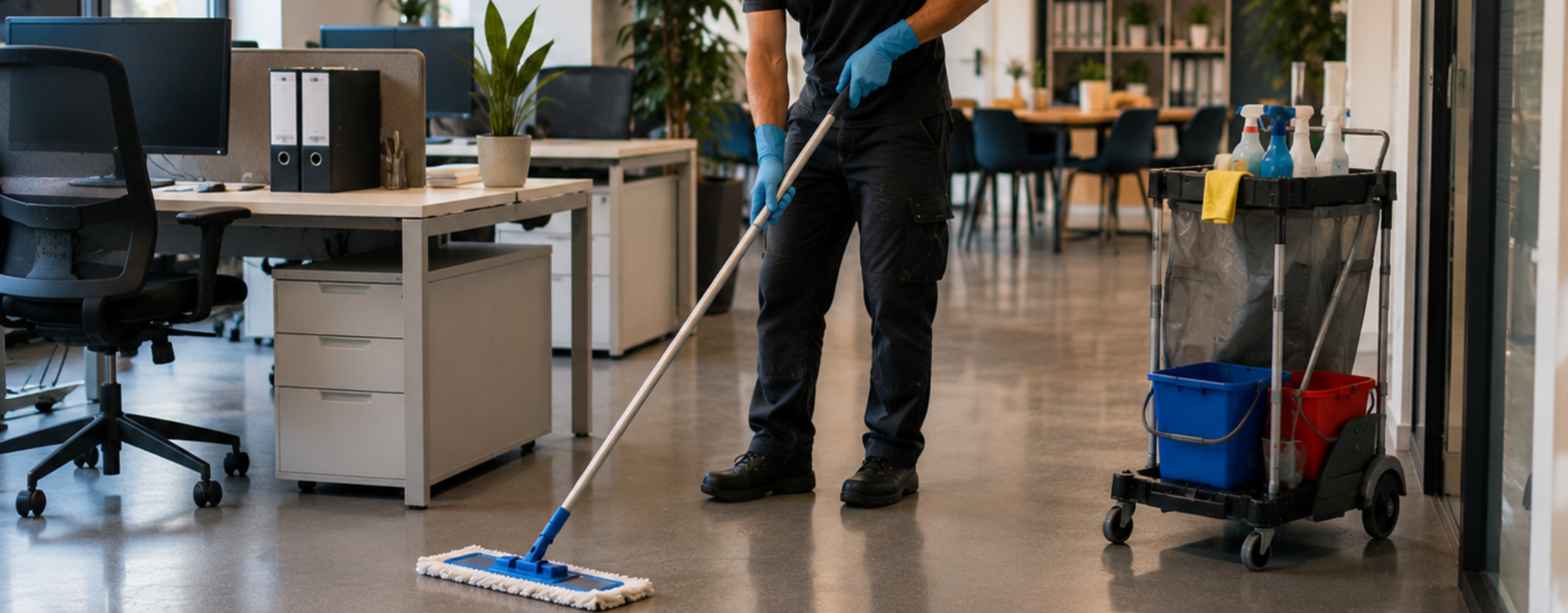 Professionelle Reinigungskraft reinigt Büroräume mit Wischmopp und Reinigungswagen.
