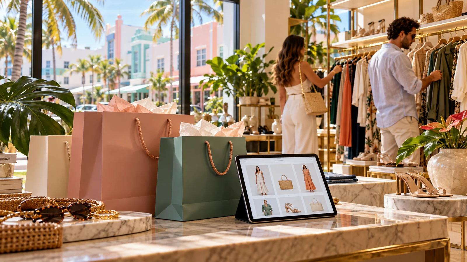 Boutique imaginaria en Miami con bolsas de compras y una tienda online en una tablet; imagen conceptual generada con IA.