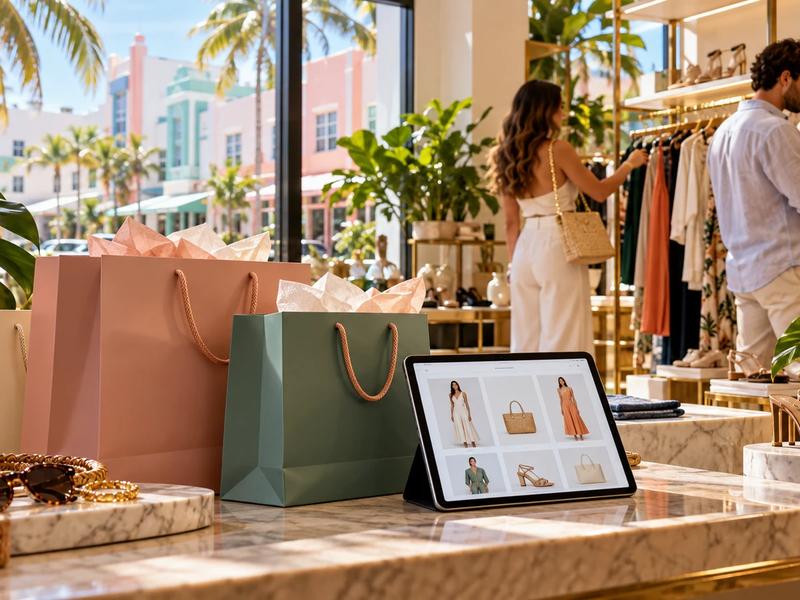 Boutique imaginaria en Miami con bolsas de compras y una tienda online en una tablet; imagen conceptual generada con IA.