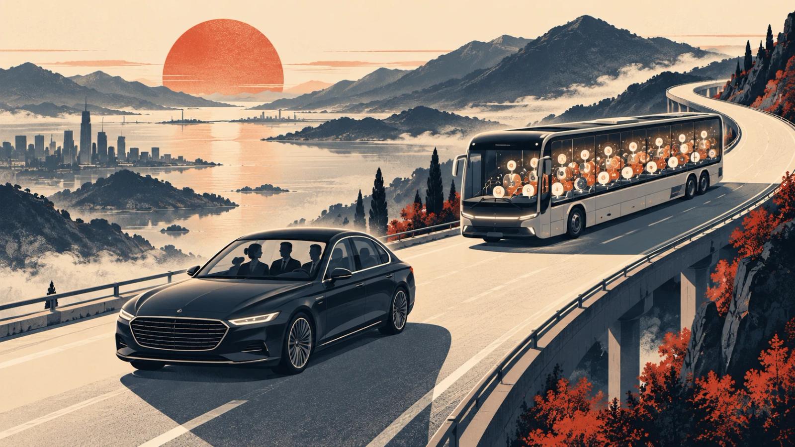 Conceptual illustration: three leaders in a car guide a bus of AI agents along a mountain road.
