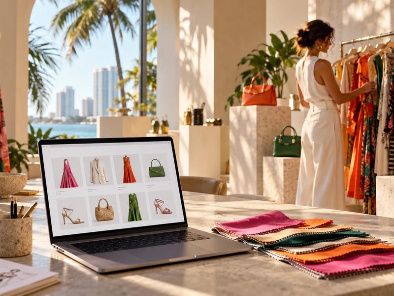 Miami fashion showroom with clothing, accessories and an online store on a laptop; conceptual AI-generated image.