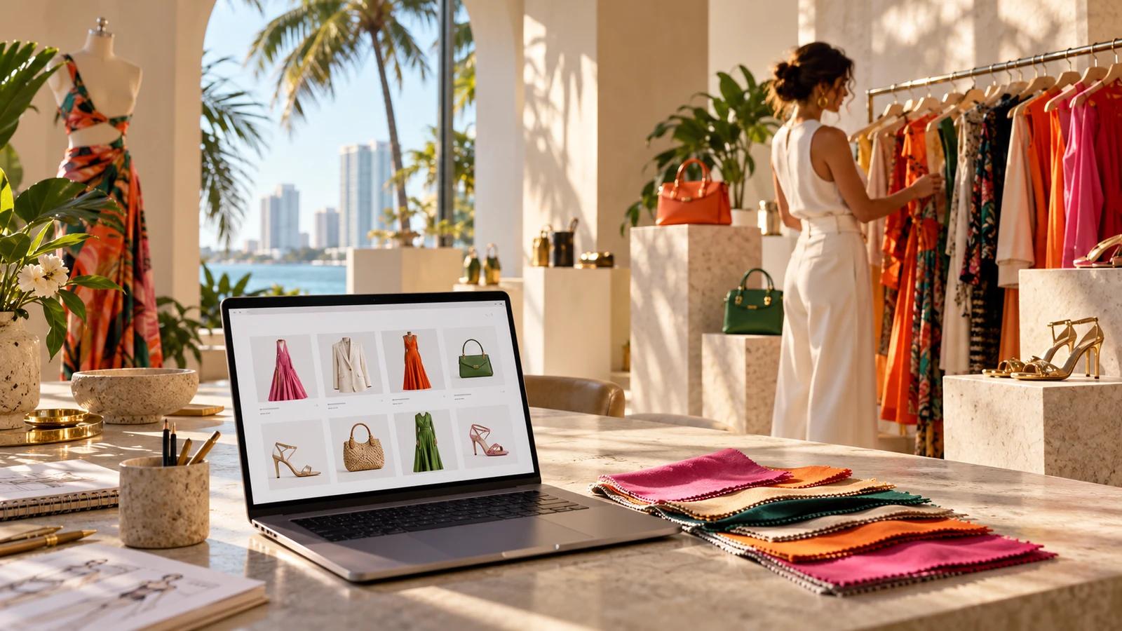 Showroom de moda en Miami con prendas, accesorios y una tienda online en una laptop; imagen conceptual generada con IA.