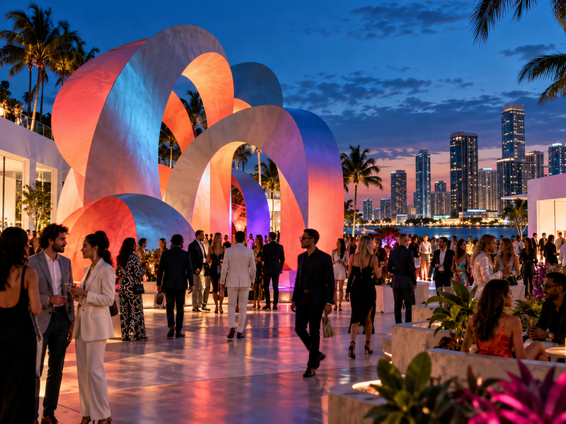 Contemporary art activation and visitors during Miami Art Week at dusk