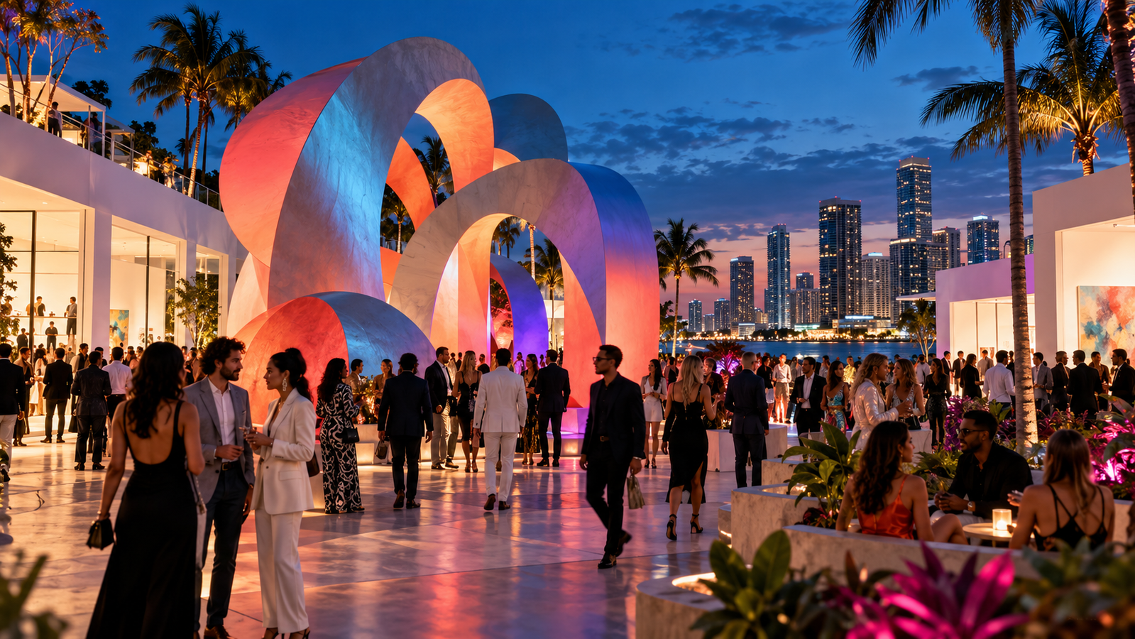 Contemporary art activation and visitors during Miami Art Week at dusk